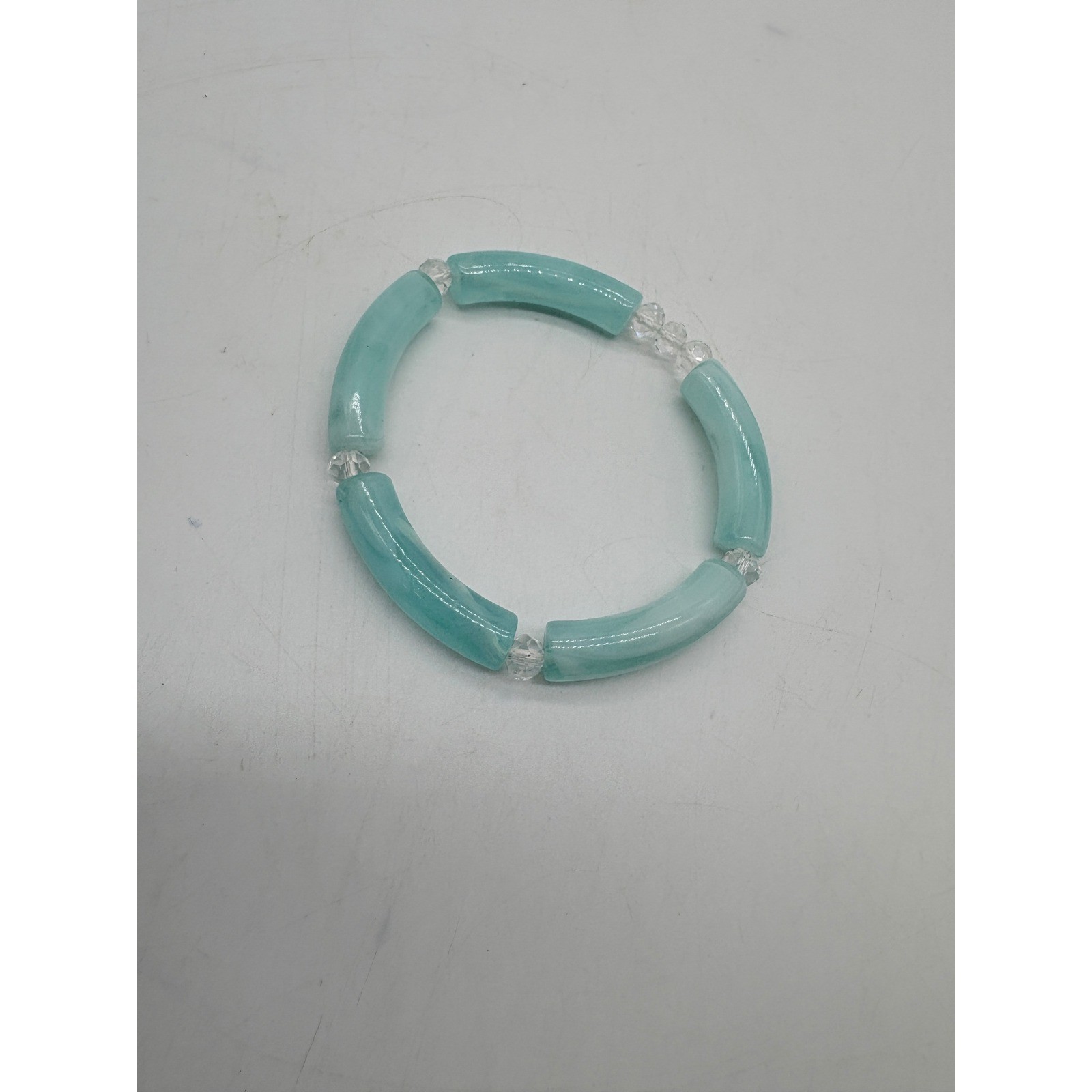 Aqua Blue Marbled Acrylic Tube Stretch Bracelet Clear Faceted Bead