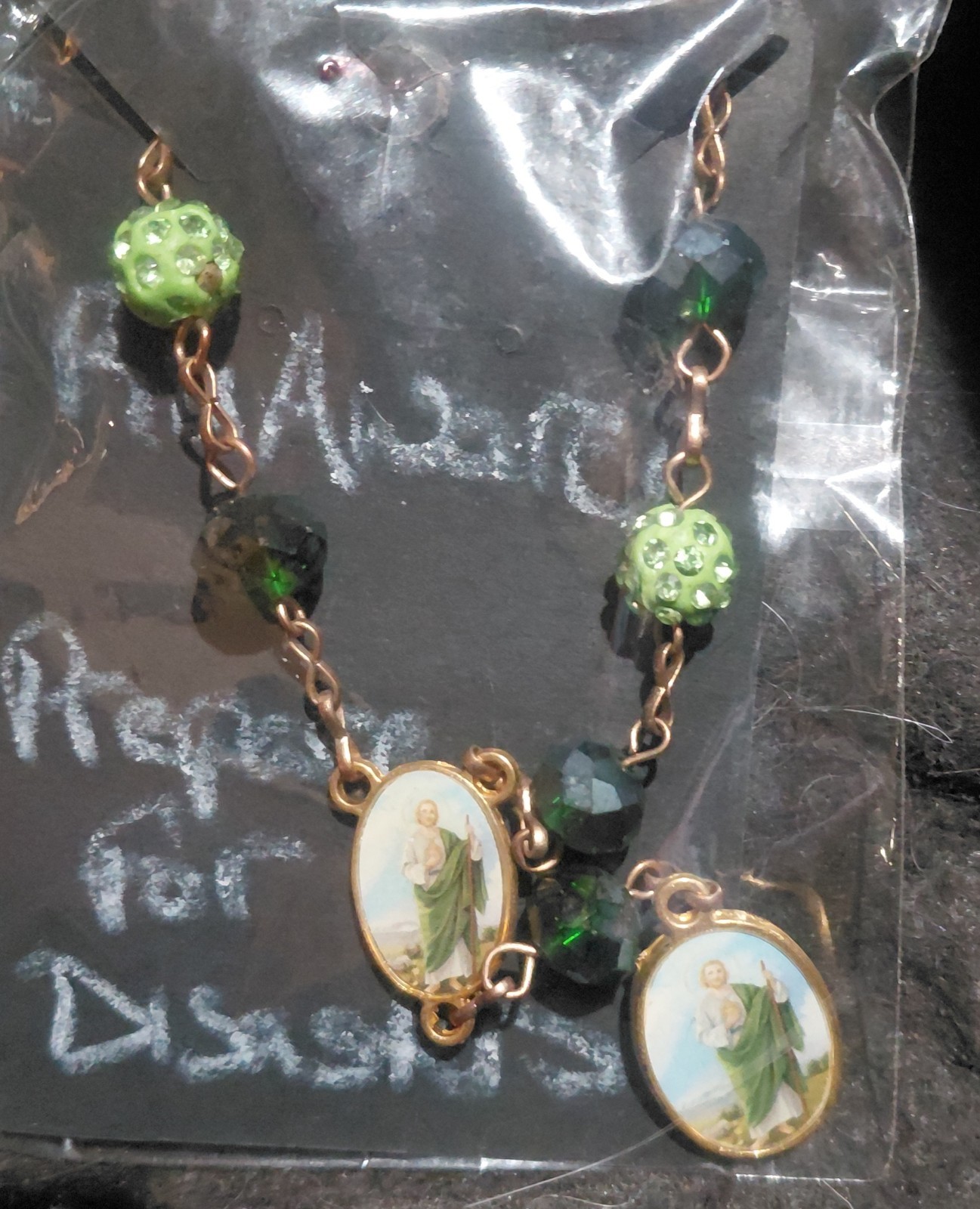 Religious Gold Tone Beaded Charm Bracelet Green Crystal Round Beads Oval Dangles