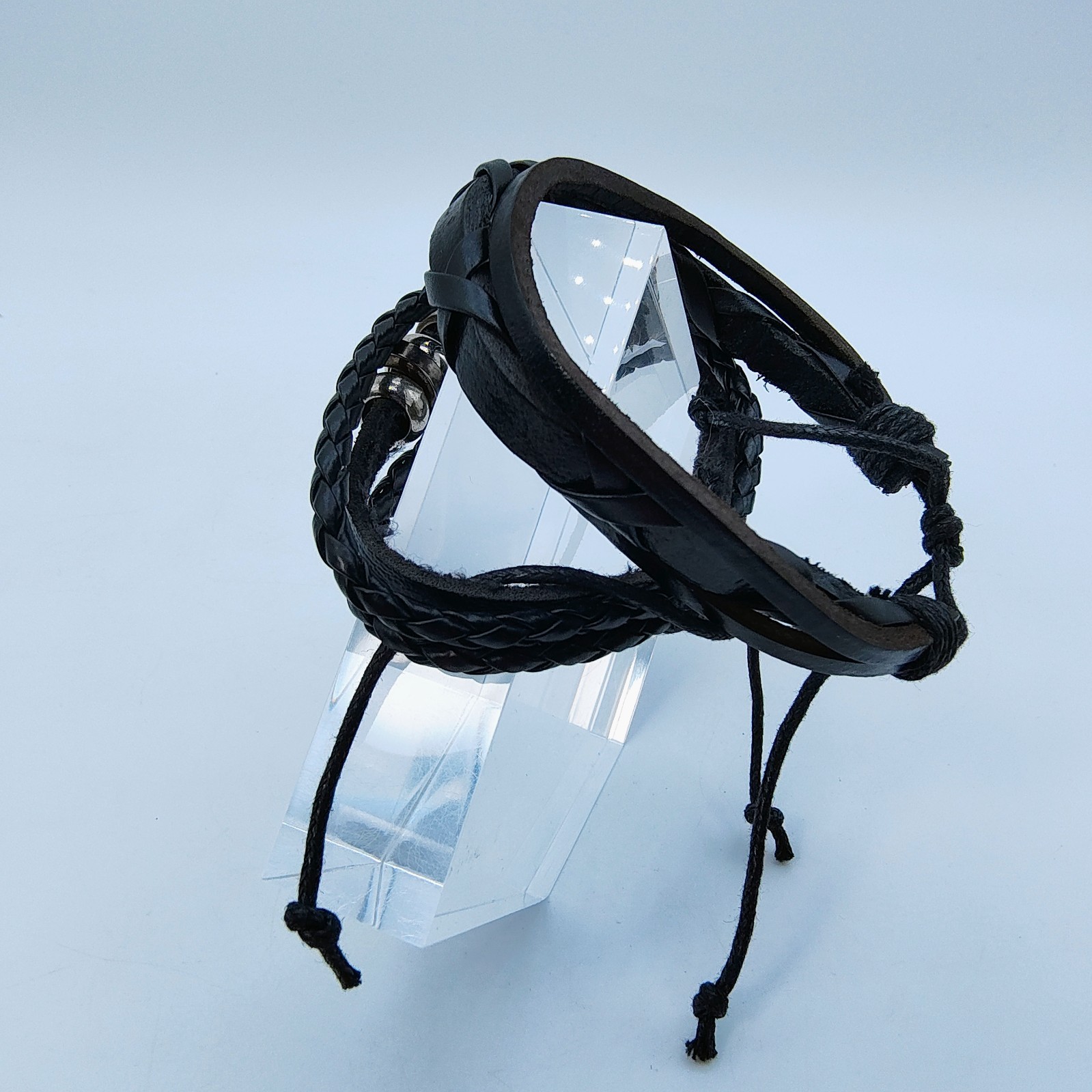 Black Faux Leather Bracelet Set of 2 Silver Tone Scroll Y2K Rock Indie Grunge