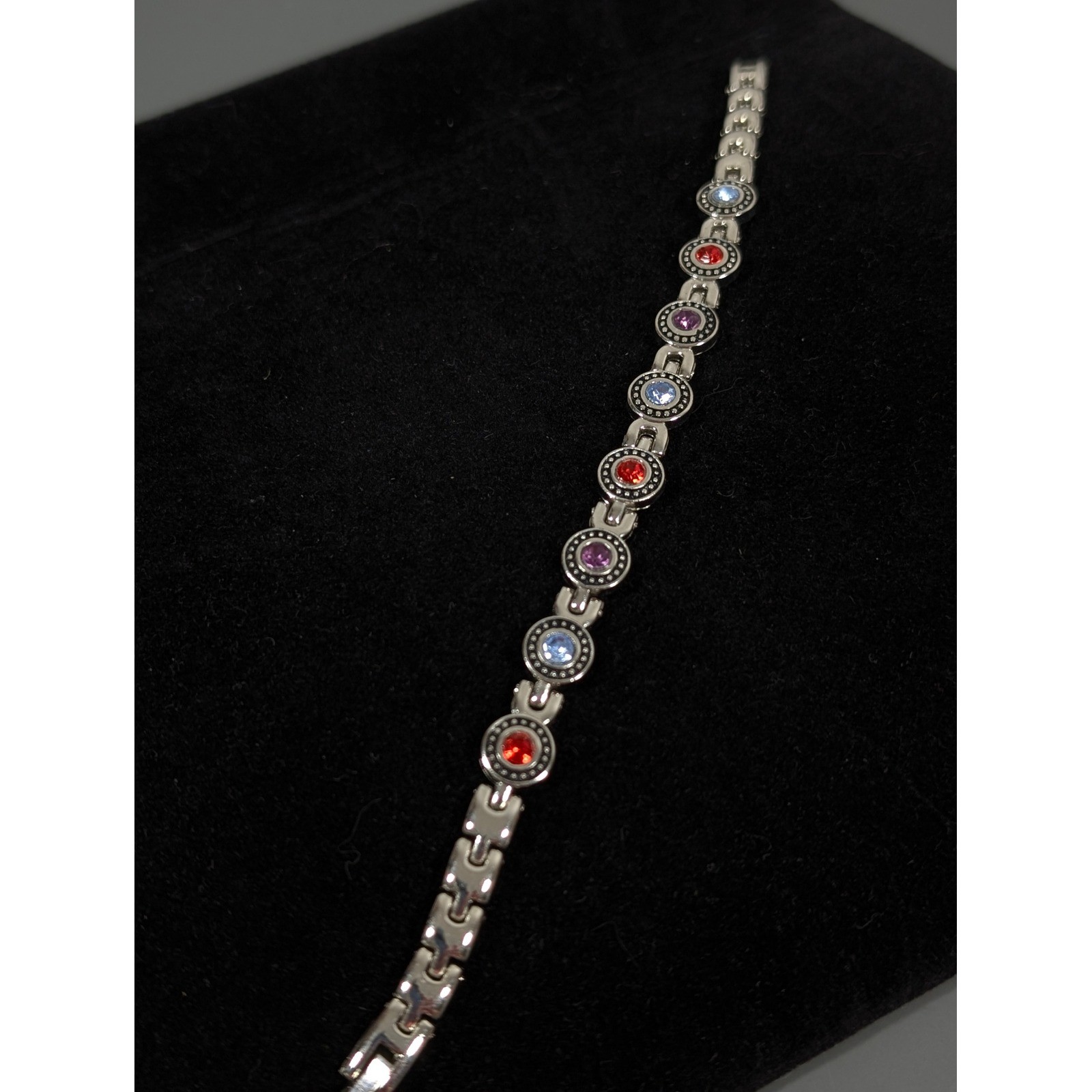 Multicolor Rhinestone Tennis Bracelet Silver Tone Red Blue Purple 7.75″