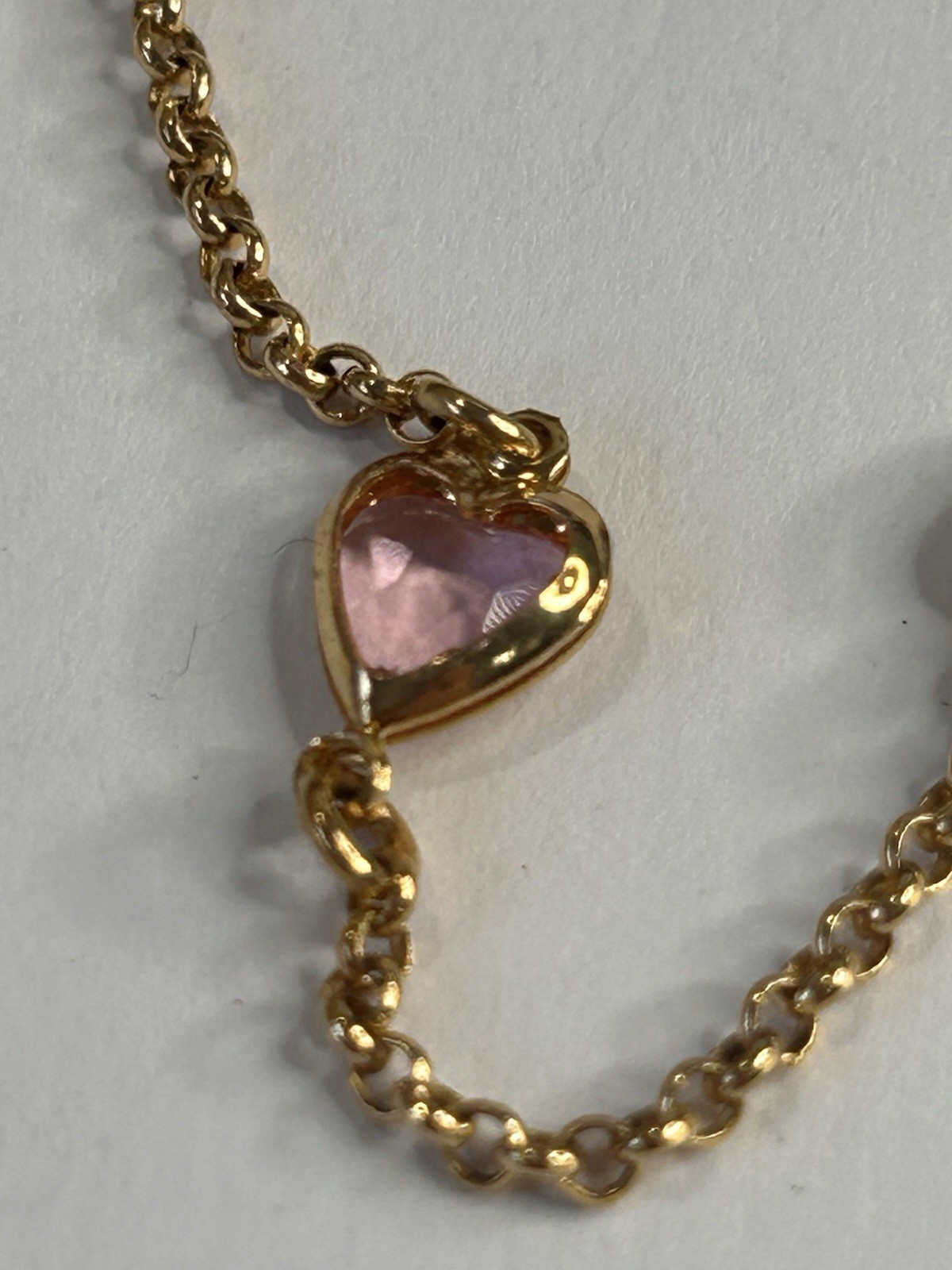 Gold filled cable chain bracelet pink heart bezel stones lobster clasp signed