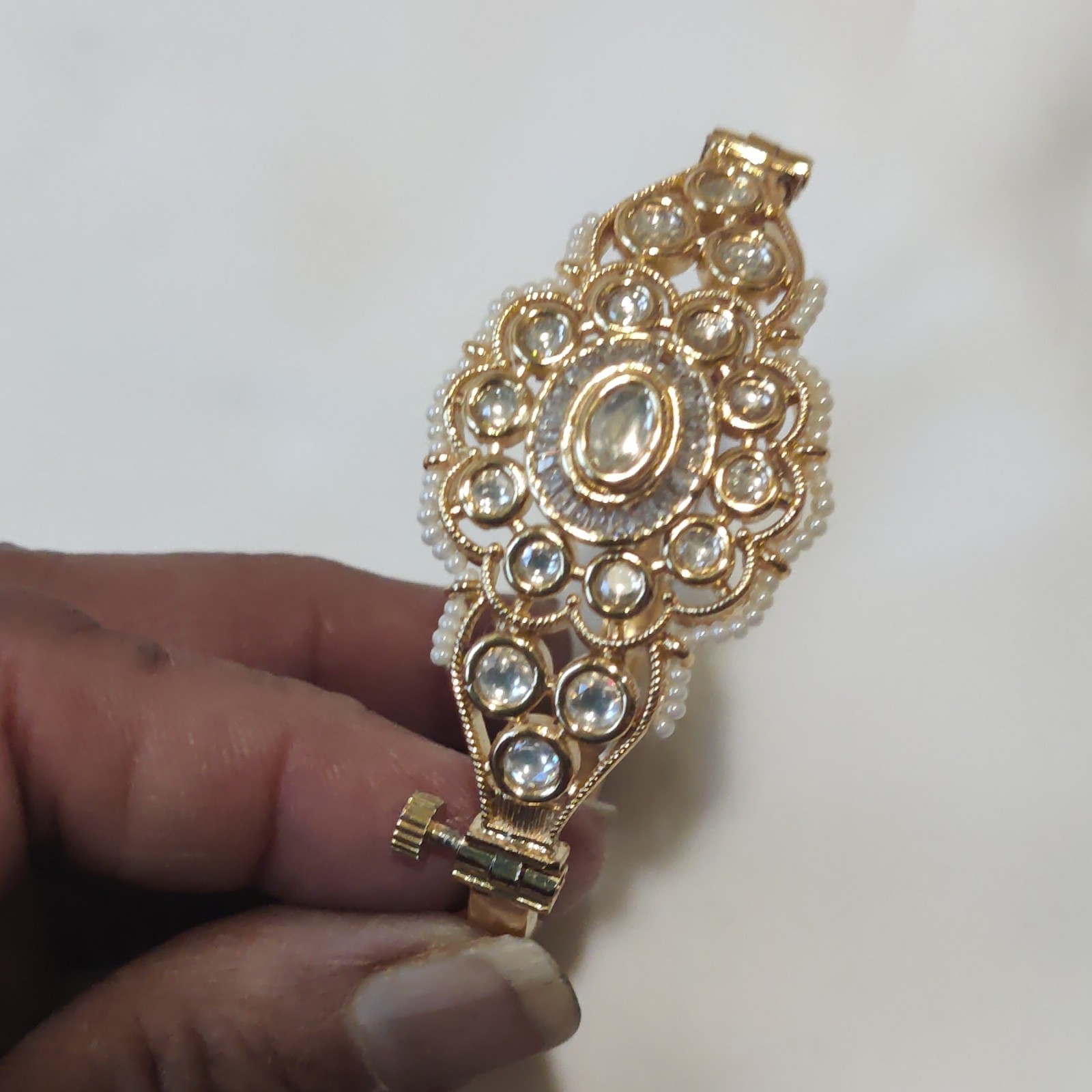 Gold Tone Hinged Bangle Bracelet Clear Round Crystal Rhinestones Faux Pearls