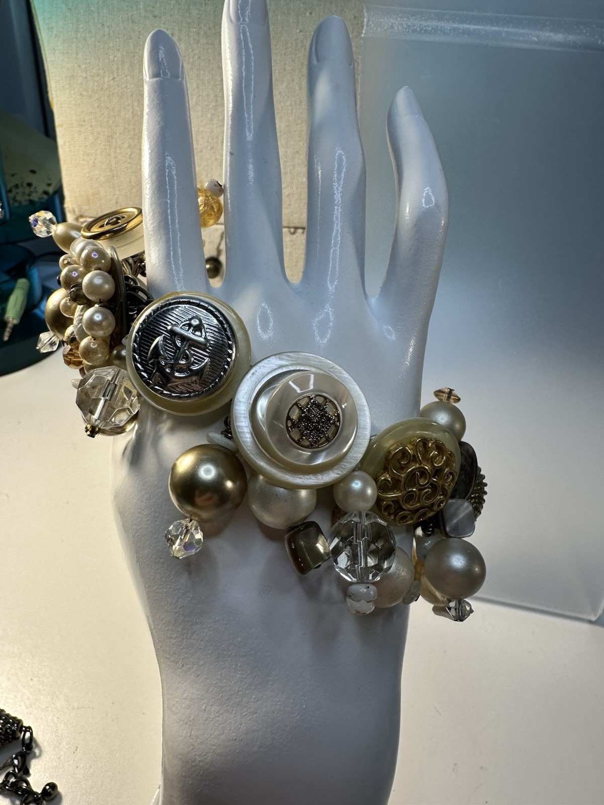 Charm Cable Chain Bracelet Faux Pearls Buttons Crystals Dangle Lobster