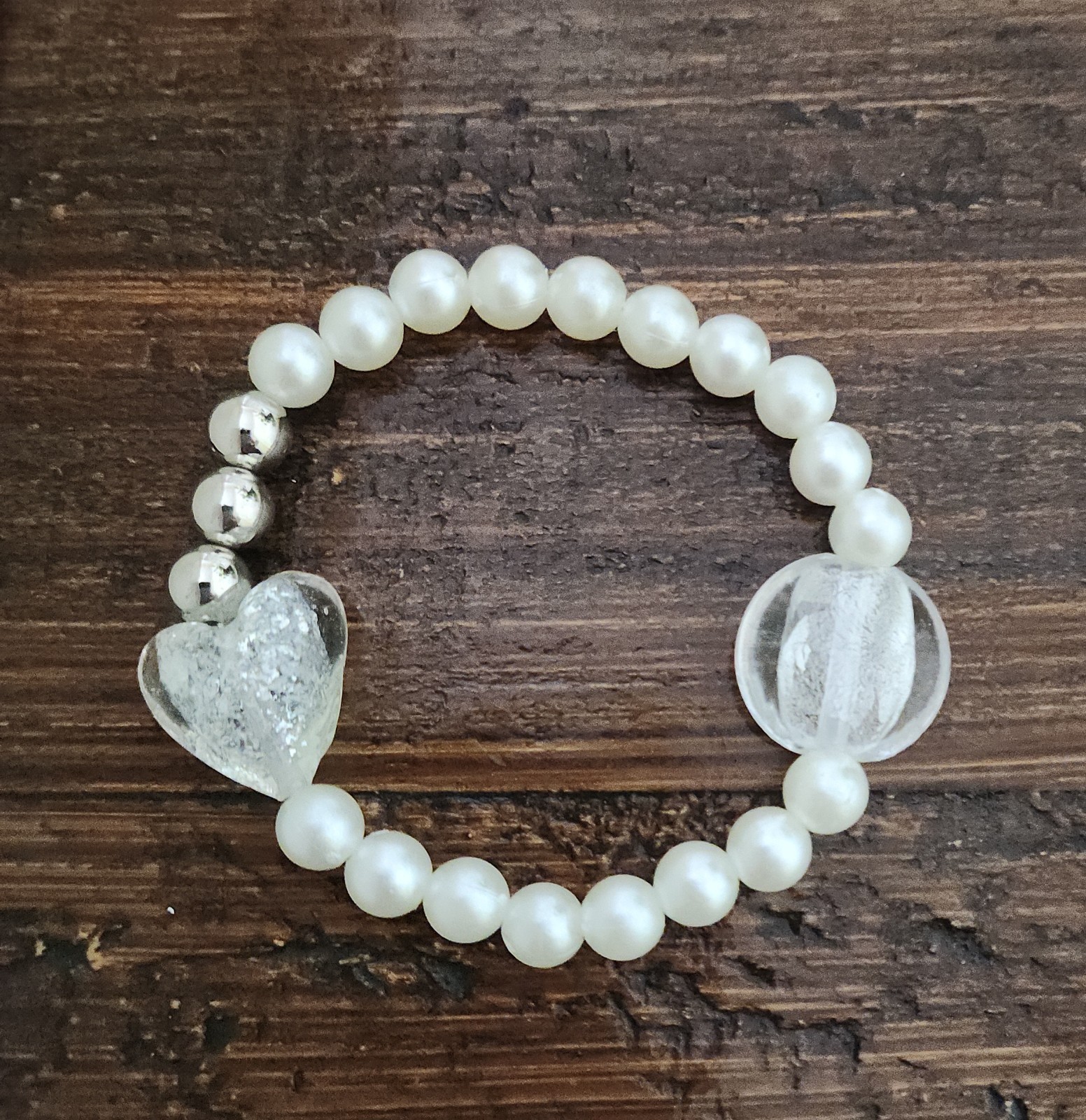 Heart Silver-toned Faux Pearl Bead Bracelet.