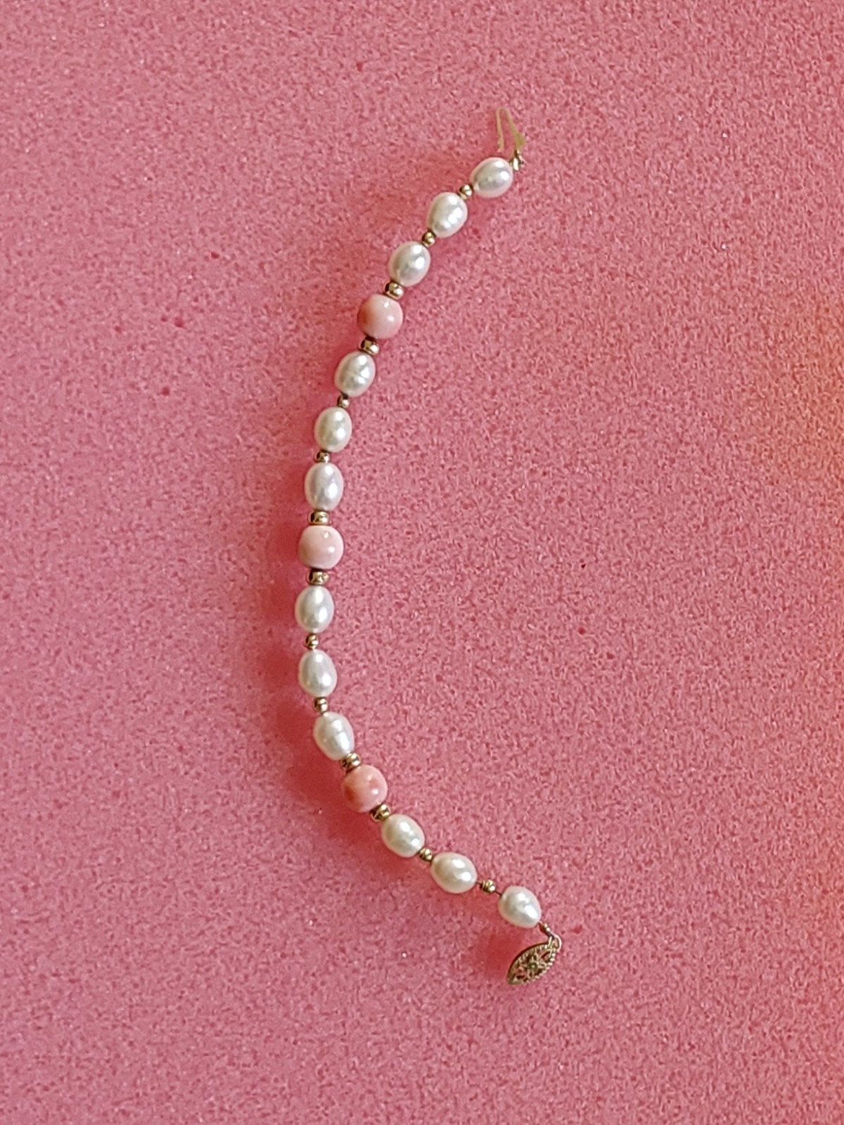 White Faux Pearl & angel skin pink Beaded Bracelet, 14k Hook Clasp