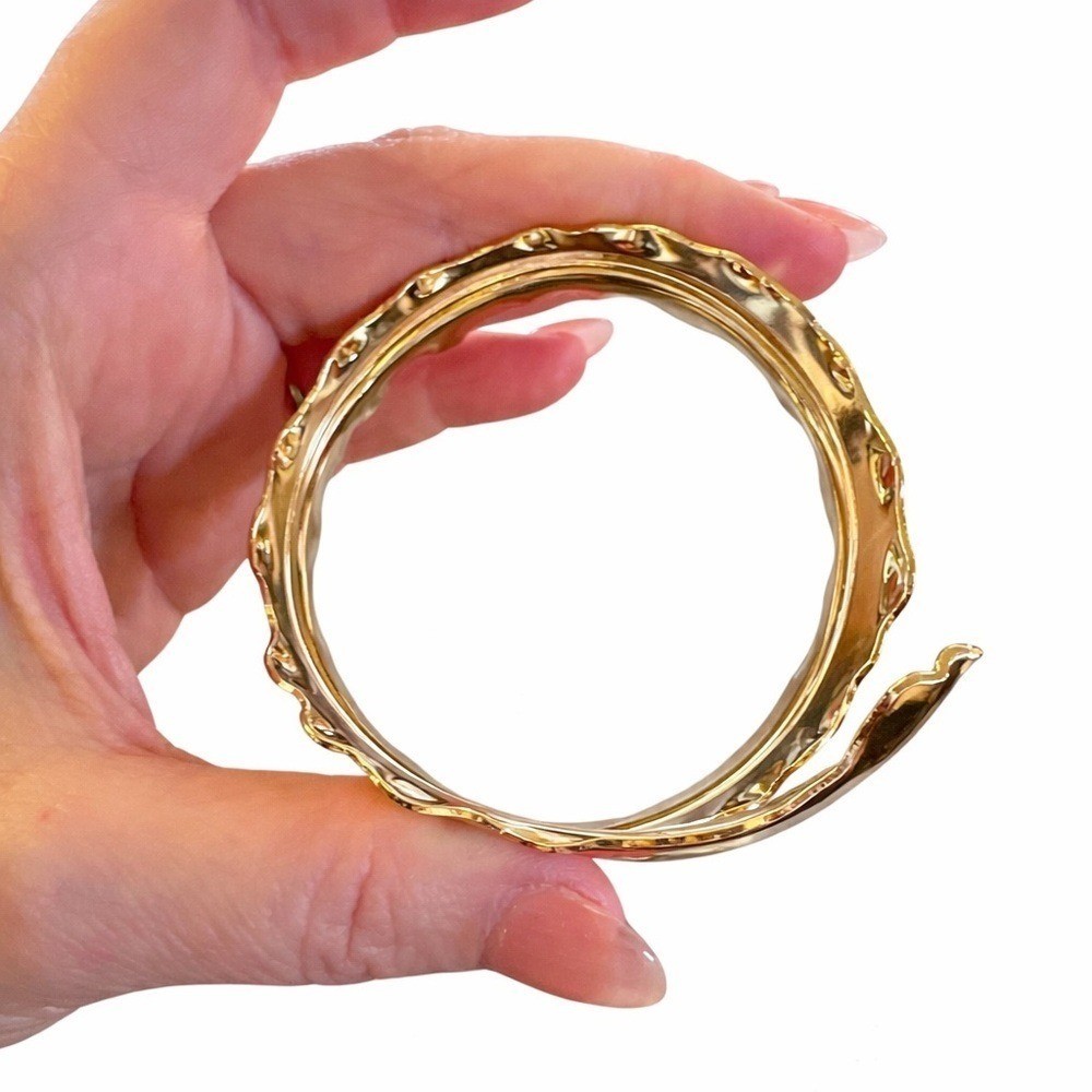 Gold Statement Cuff Bracelet Wide Hammered Rhinestone Accent Modern Open Cuff