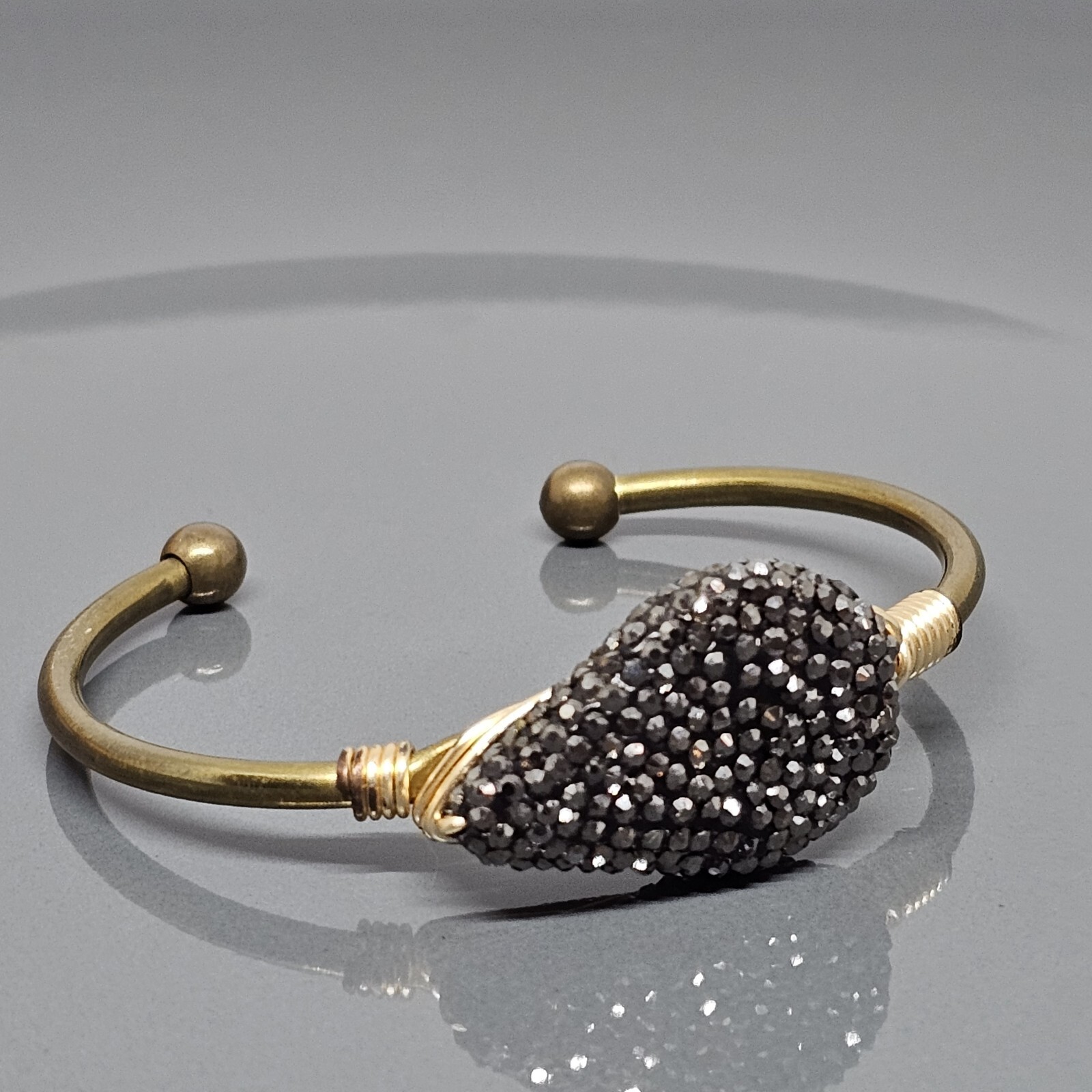 Cluster Black Rhinestone Brass Tone Bracelet Open Cuff Bangle for Small Wrist