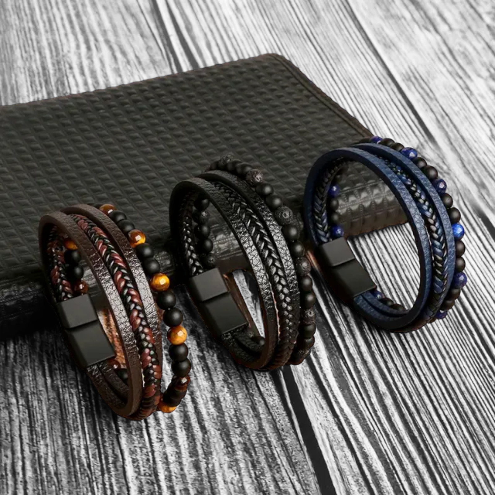 Men’s Layered Braided Leather Beaded Bracelet With Tiger Eye, Natural Stone