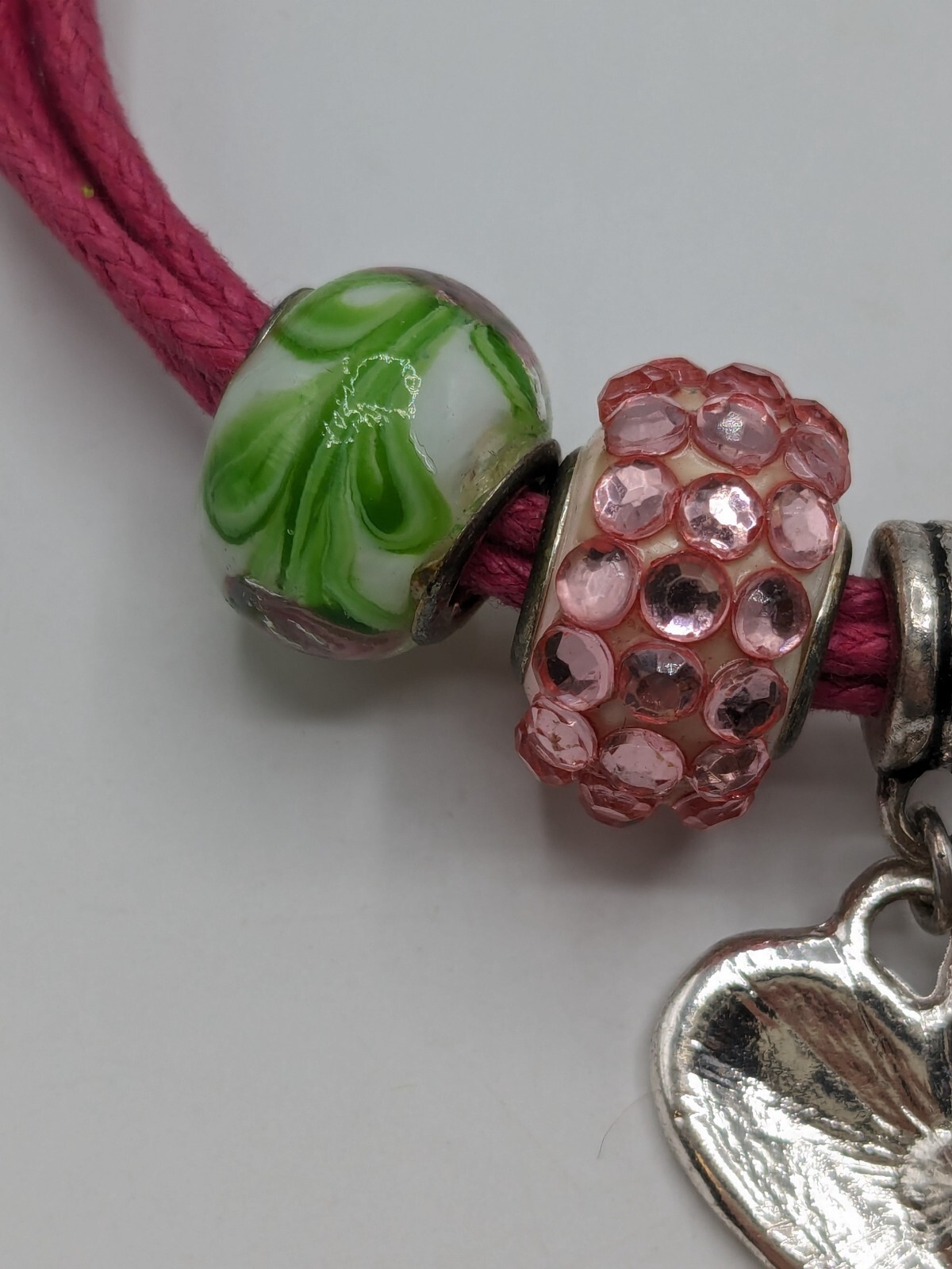 Pink Leather Hear Charm Bracelet Enameled Beads