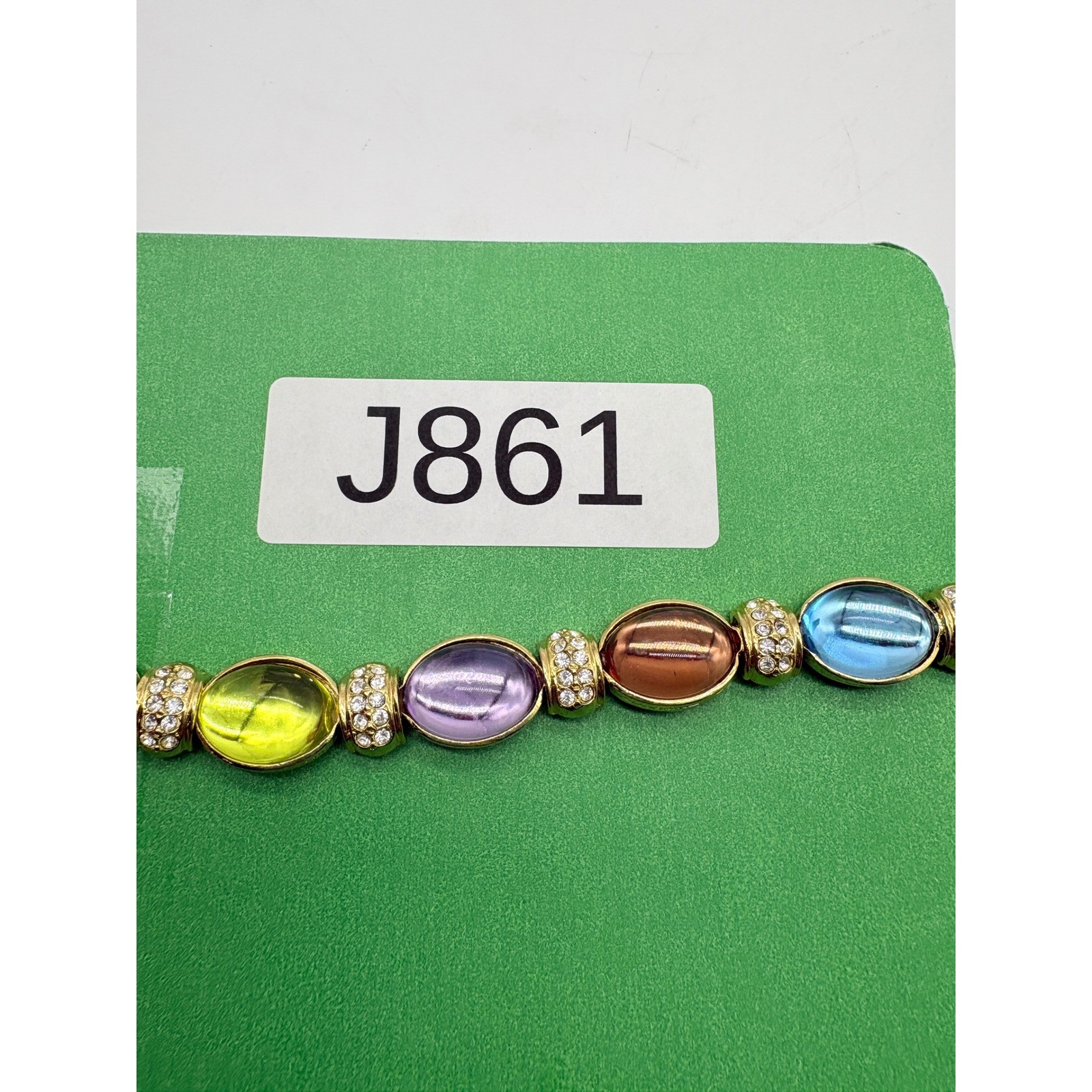 Vintage Style Gold Tone Chunky Rainbow Jelly Cabochon Rhinestone Link Bracelet