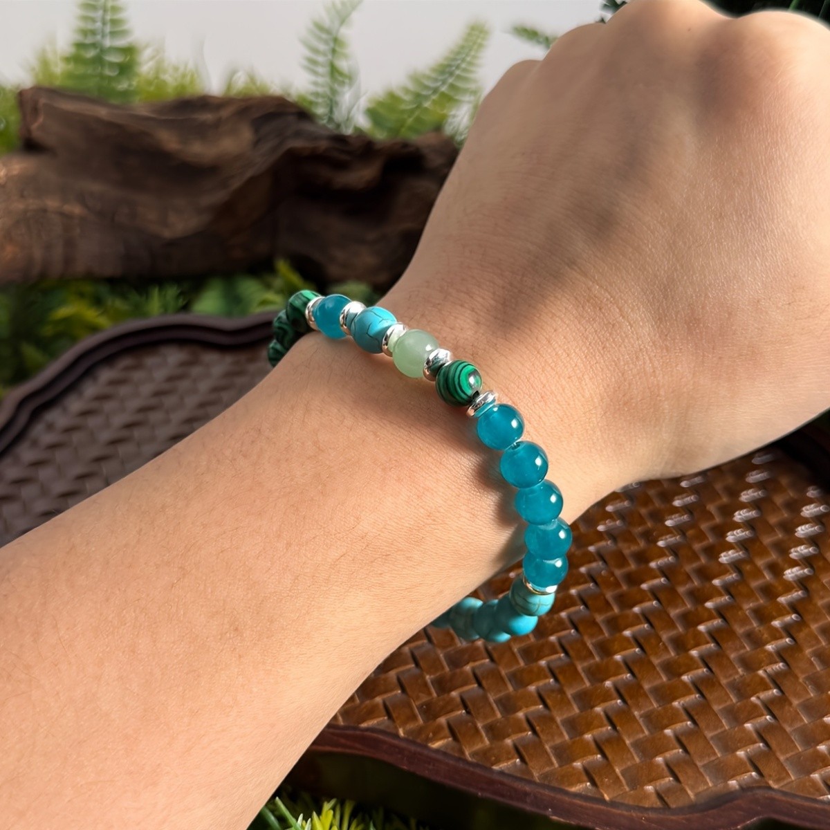 Anxiety Relief Bracelet Gift 8mm Malachite & Blue Turquoise Beads Bracelets