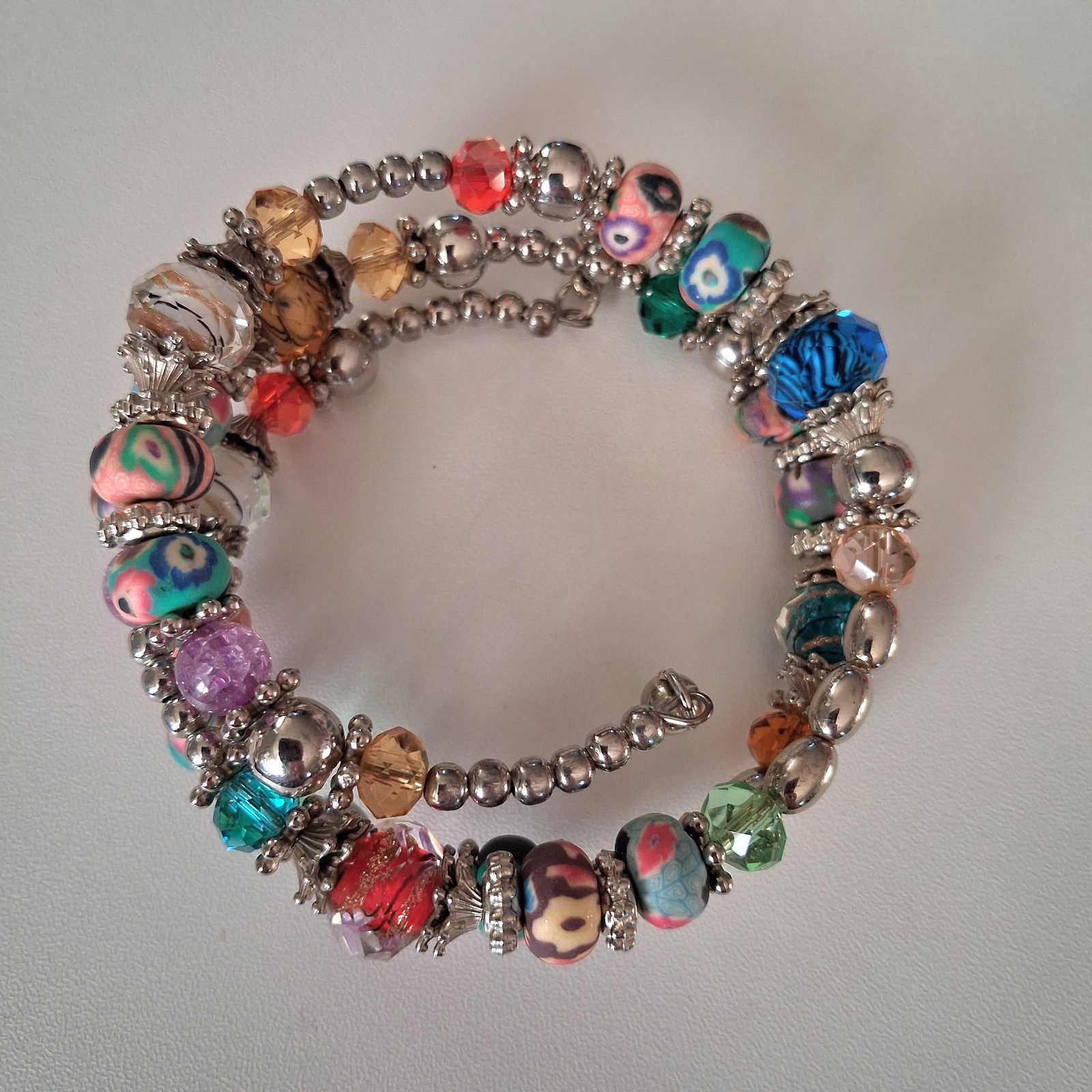 Bracelet Boho Silver Beads Multicolor Stretch Crystal Blue Green Red Yellow