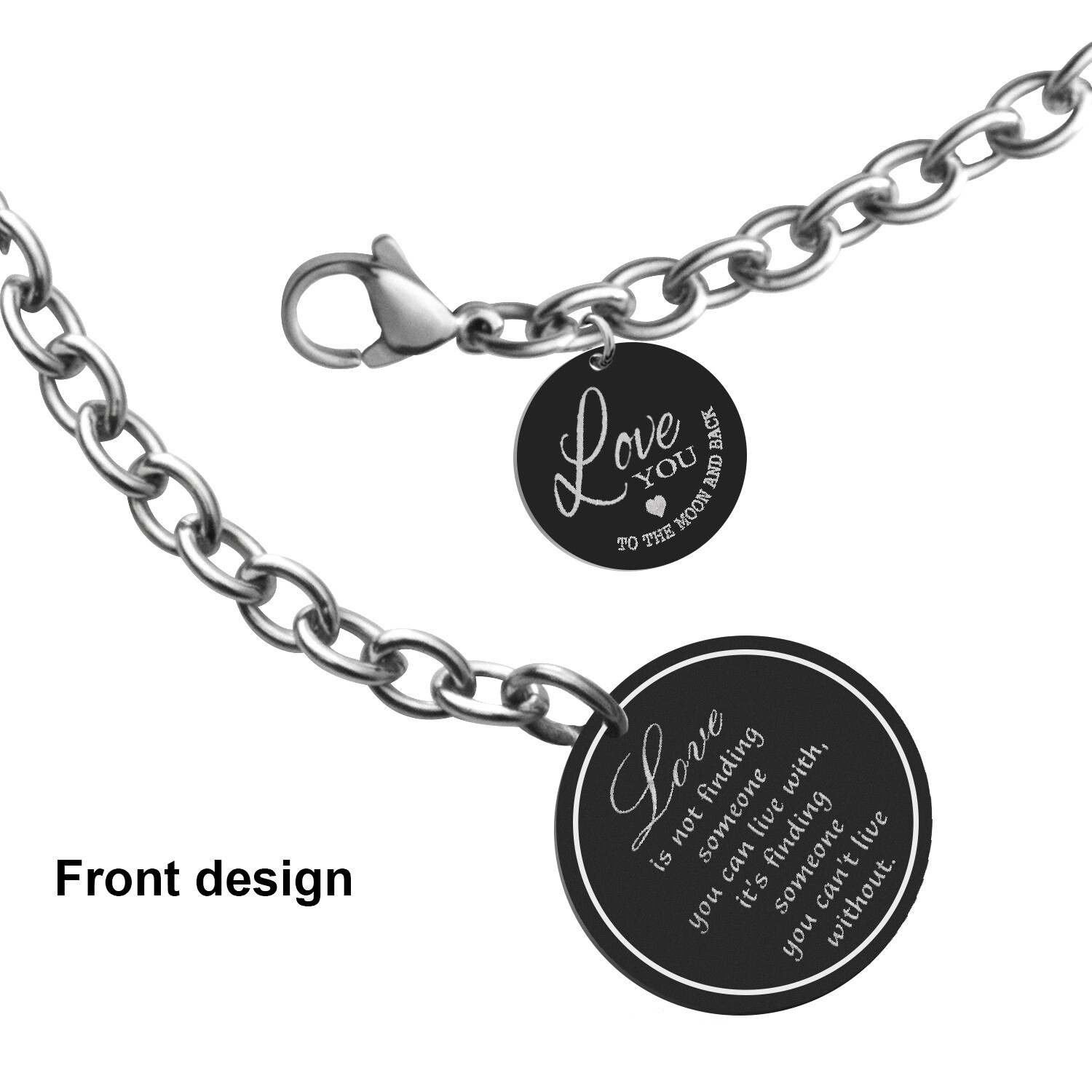 True Love Personalize Engrave Photo or Text Round Tag Adjustable Chain Bracelet