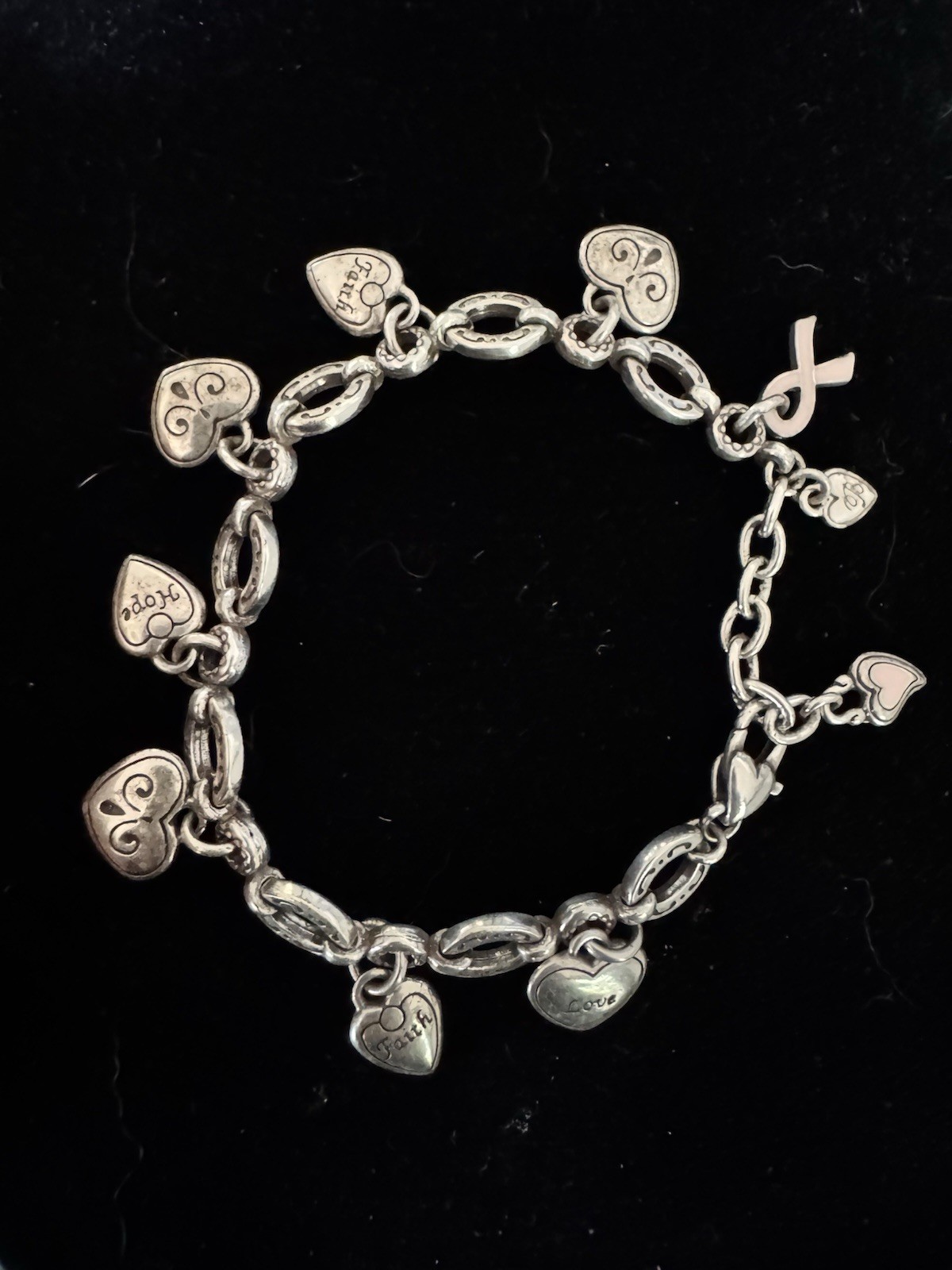 Brighton Oval Link Chain Heart Dangle Charm Bracelet Love Faith Hope Pink Ribbon