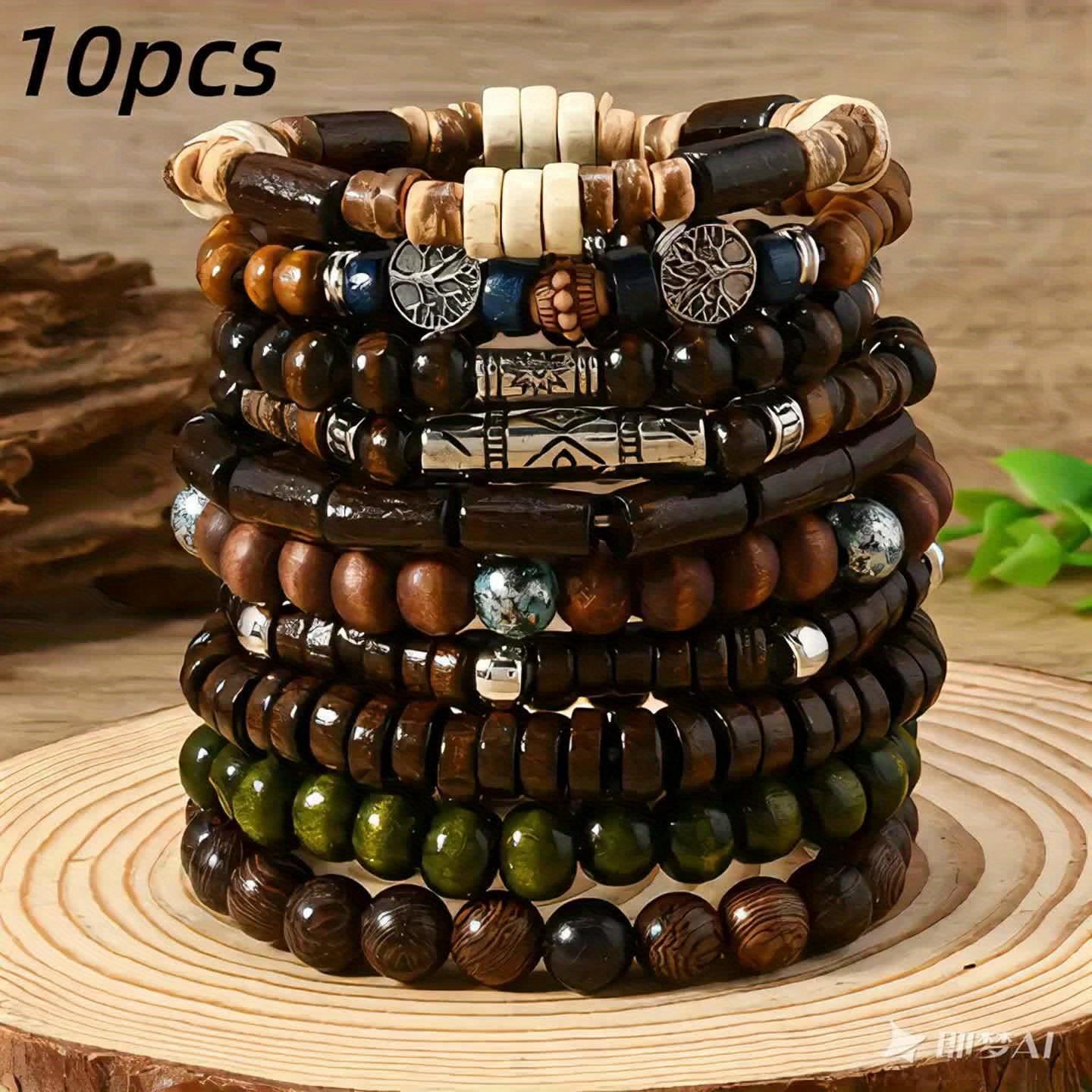 10pcs Boho Ethnic Beaded Bracelets Men Vintage Tree Charm Wood Gift Jewelry