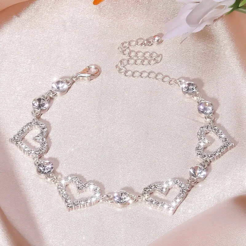 Hollow Heart Chain Bracelet Full Shiny Rhinestones Adjustable Zinc Alloy Hand