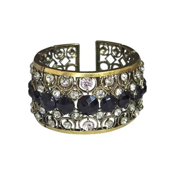 Women’s Brass Plated Rhinestone Black Wide Open Cuff Bracelet NWOT