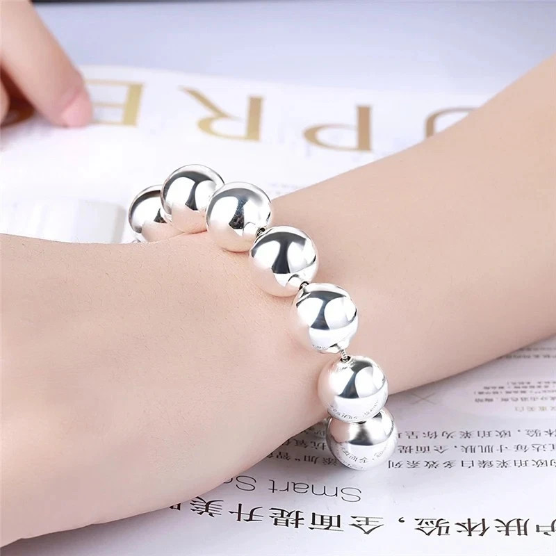 925 Sterling Silver 8mm/10mm Hollow Ball Beads Chain Bracelet Women Jewelry