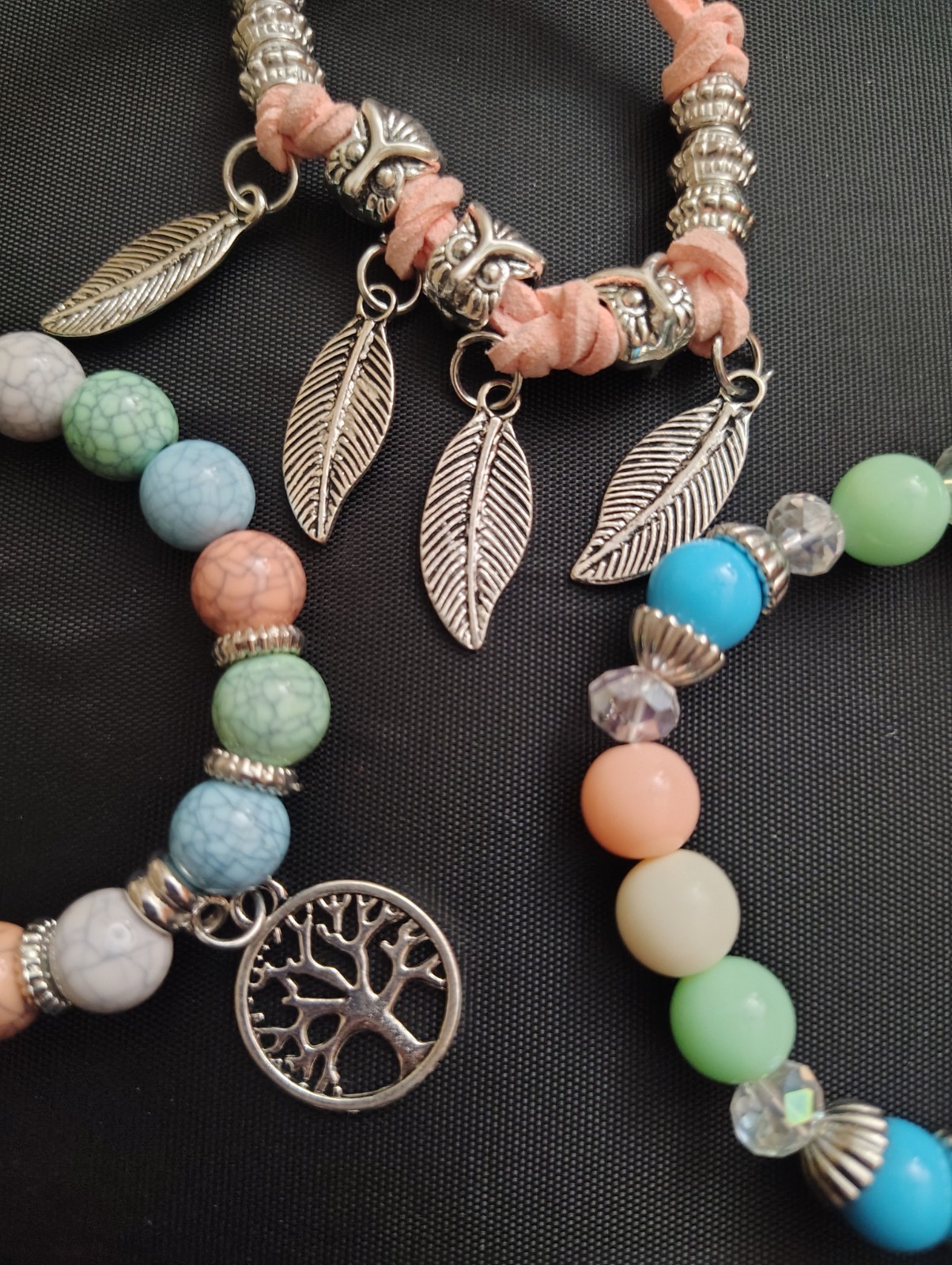 Multicolor Beaded Charm Bracelet Set Tree of Life Leaf Dangle Adjustable