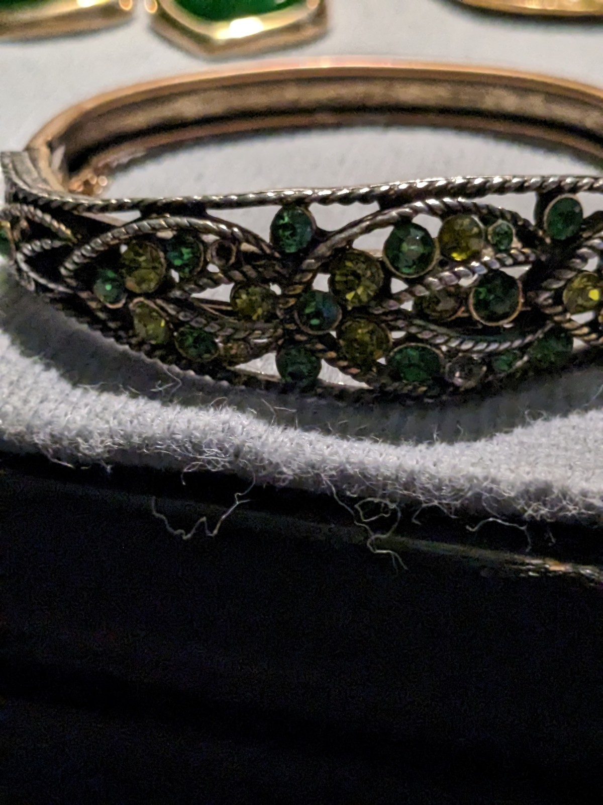 Green Crystal Rhinestone Hinged Bangle Bracelet, Gold & Silver Tone Metal