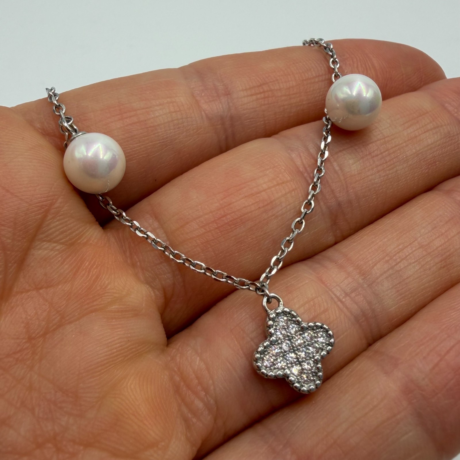 Dainty Silver Faux Pearl Clover Charm Bracelet Link Chain