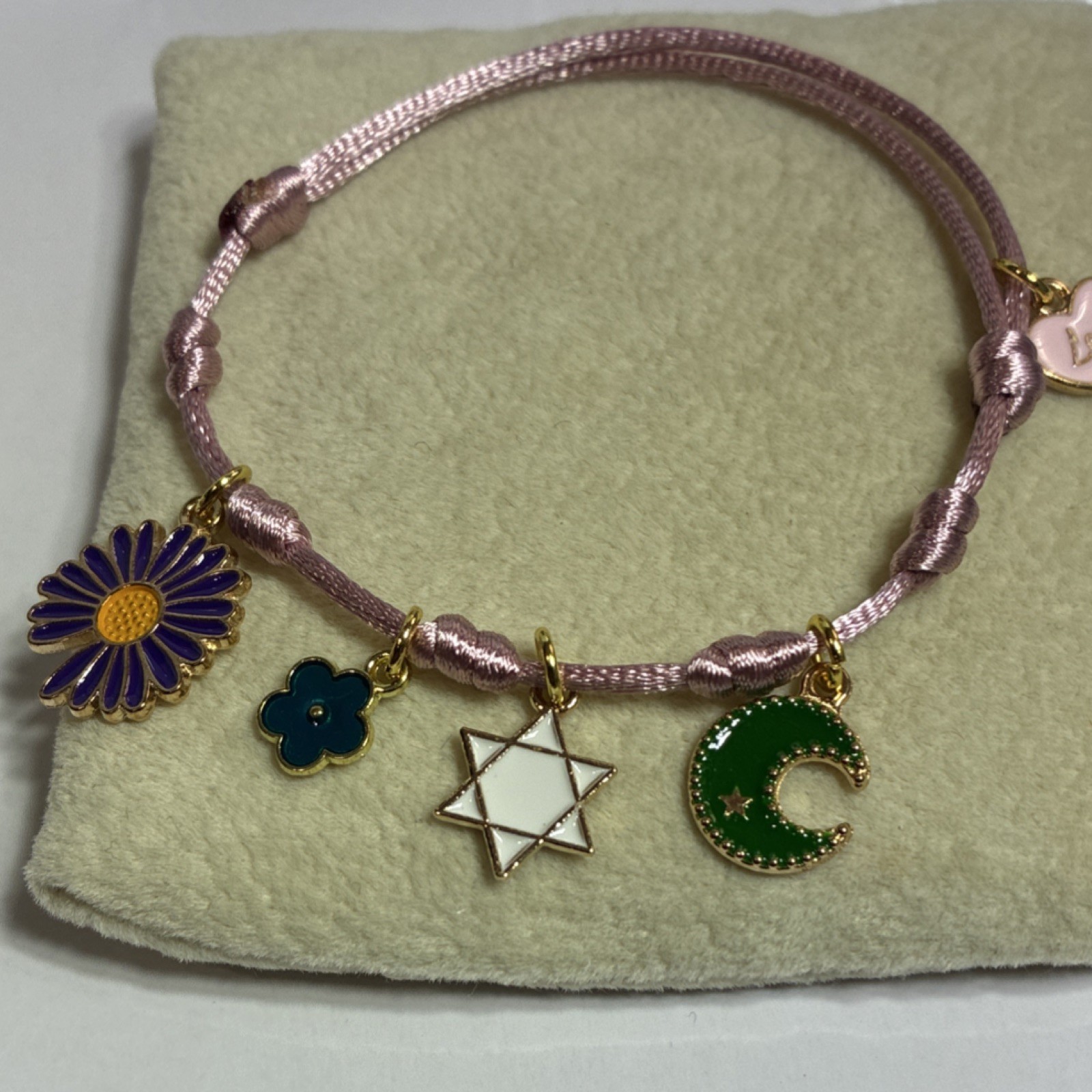 Adjustable Pink Cord Bracelet, Dangle Flower Star Moon Charms, Enamel