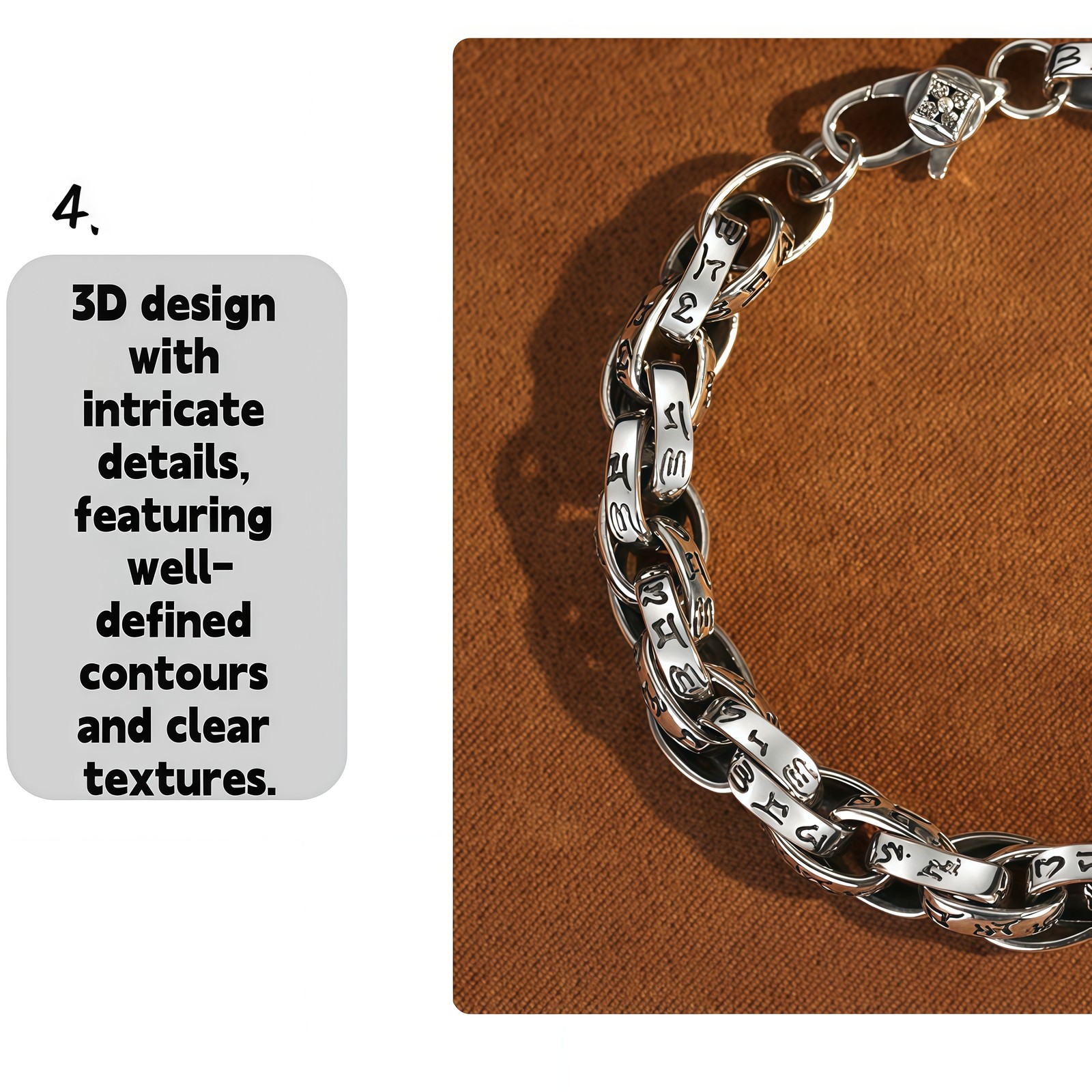 Vintage Scroll Engraved Curb Copper Chain Bracelet Plated Antique Silver for Men