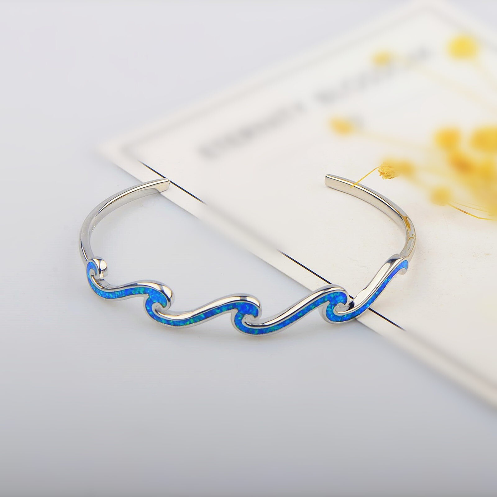 Blue Opal MultilayWaves Cuff Bangles 925 Sterling Sliver Jewelry For Women Girls