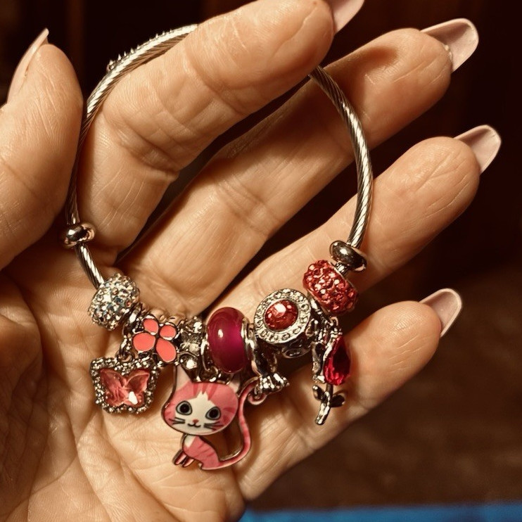 Silver Tone Bangle Charm Bracelet – Cartoon Dangle Charms, Pink & Red
