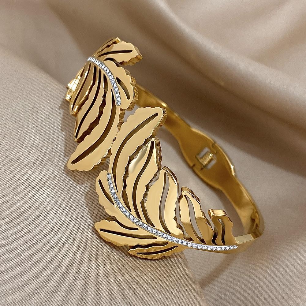 Exquisite Rhinestone Feather Leaf Cuff Bracelet Gold Plated Steel Bangle