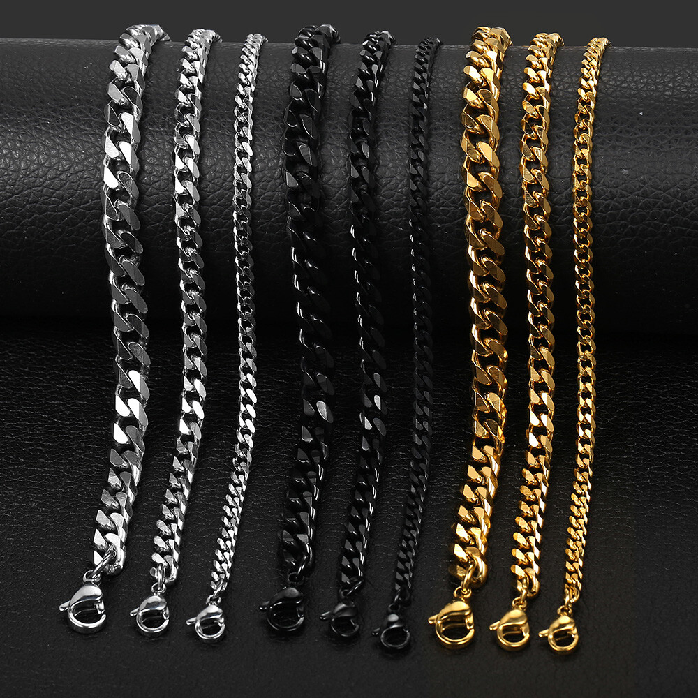 3/5/7/MM Stainless Steel Silver/Black/Gold Plated Cuban Chain Bracelet Men 7-11″