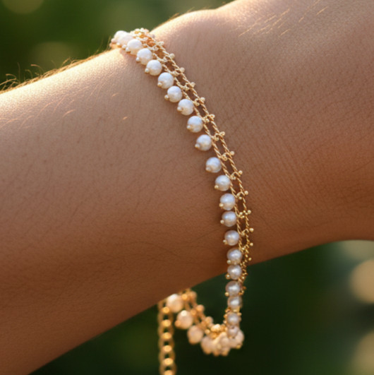 Elegant Gold Color Plated Brass Bracelet Minimalist Double Layer Pearl Beaded