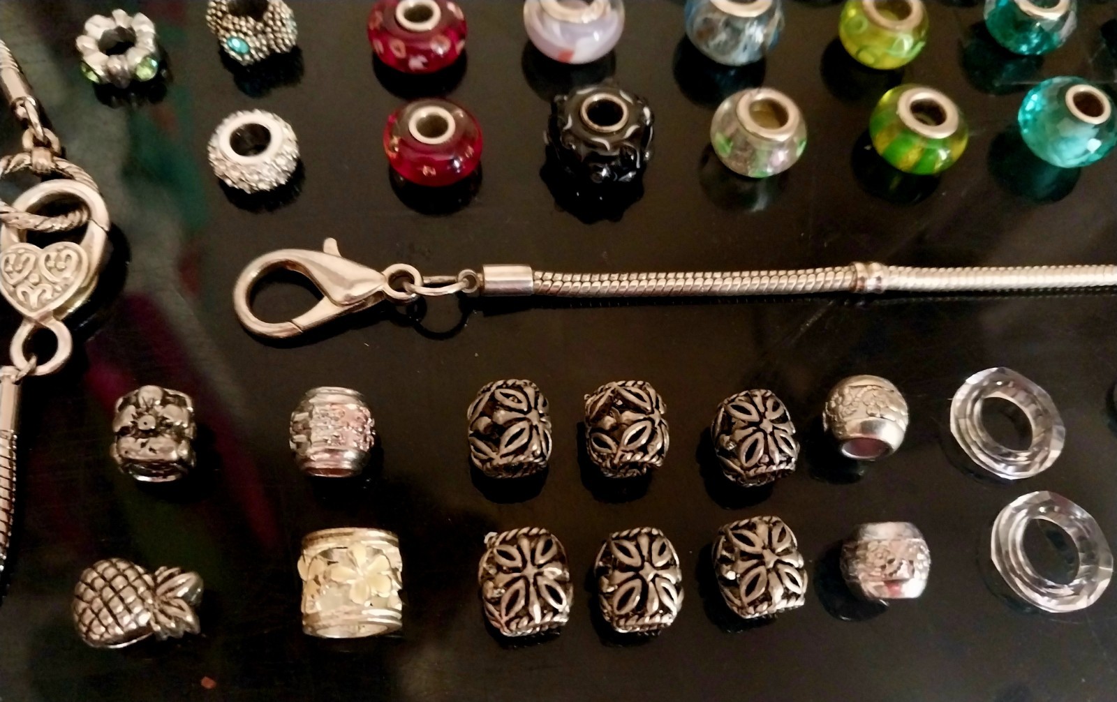 Glass Slide Bead Charms and 3 Bracelets Lot of 75 pcs 925 Murano & Dangle Charms