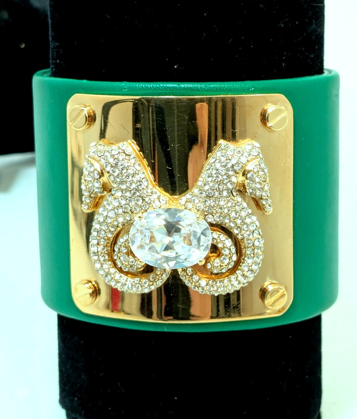 Gorgeous Faux Green Leather Rhinestone Seahorse Cuff Bracelet