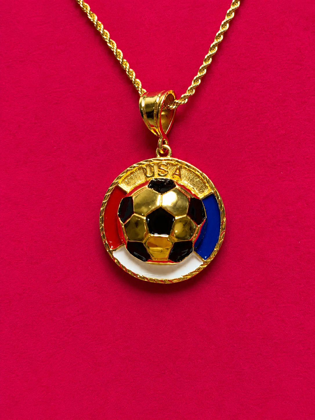 14KT Gold Plated USA Enamel Soccer Ball Charm w/16-30″ 2.5mm rope -USSB