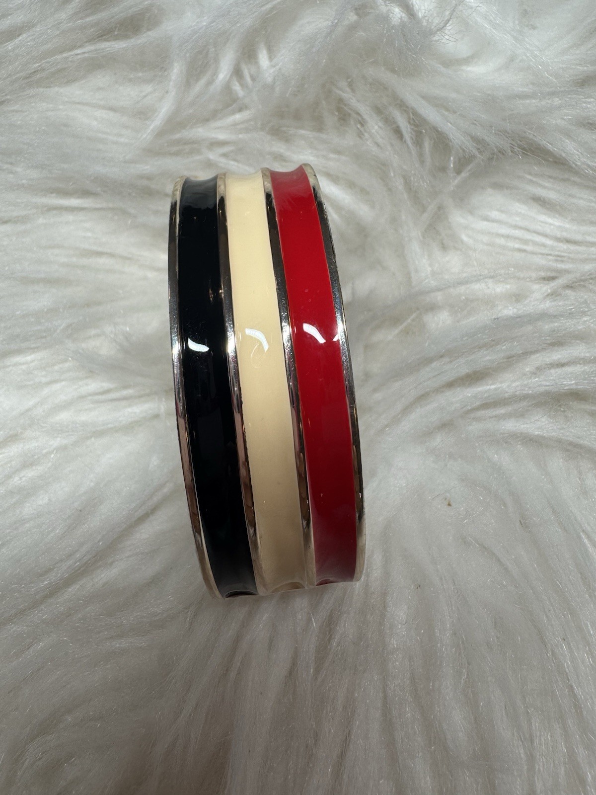 Wide Black Red Ivory Enamel Hinged Bangle Bracelet Silver Tone Fashion Jewelry
