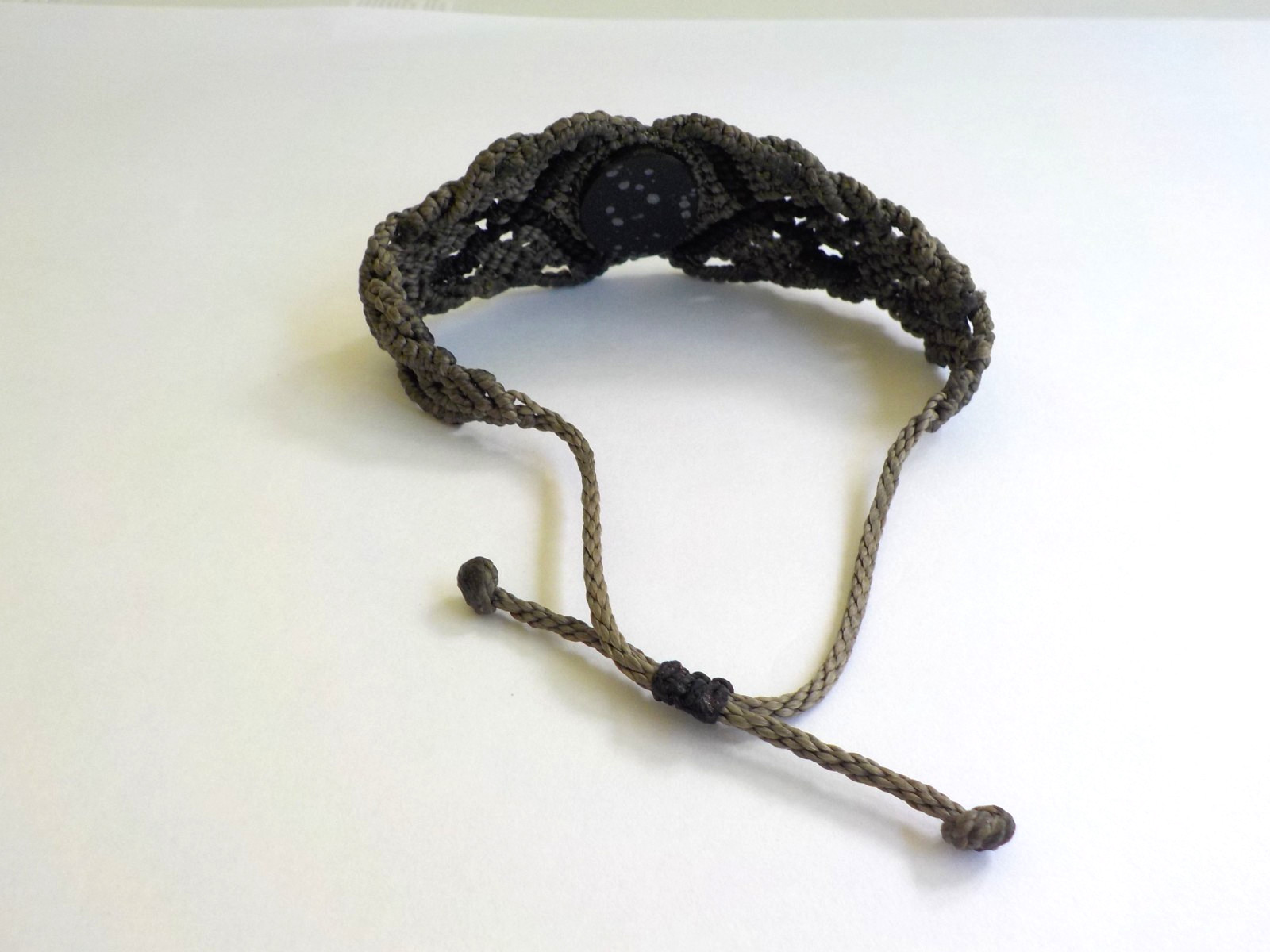 Macrame Spotted Oval Stone Bracelet Adjustable Pull Cord Black Gray Handmade
