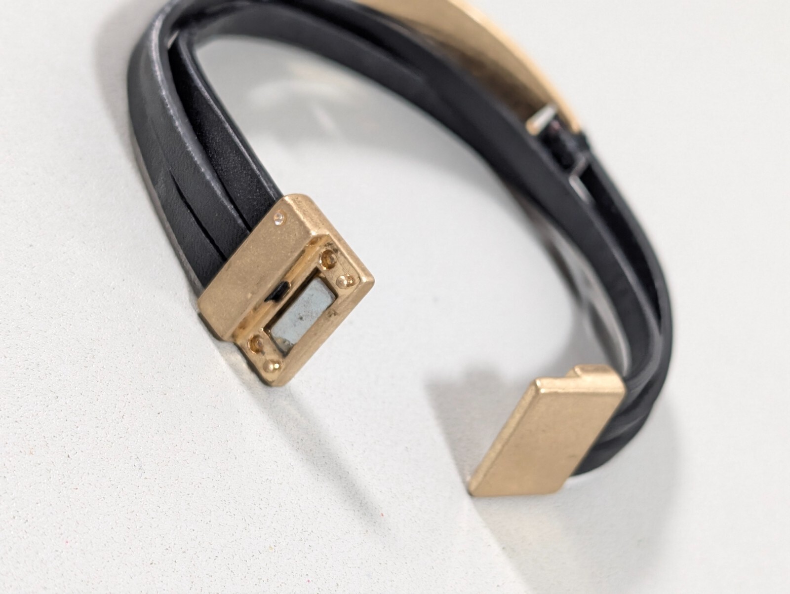 Gold Tone Matte Three Row Faux Black Leather Magnetic Bracelet 7 in Boho Western