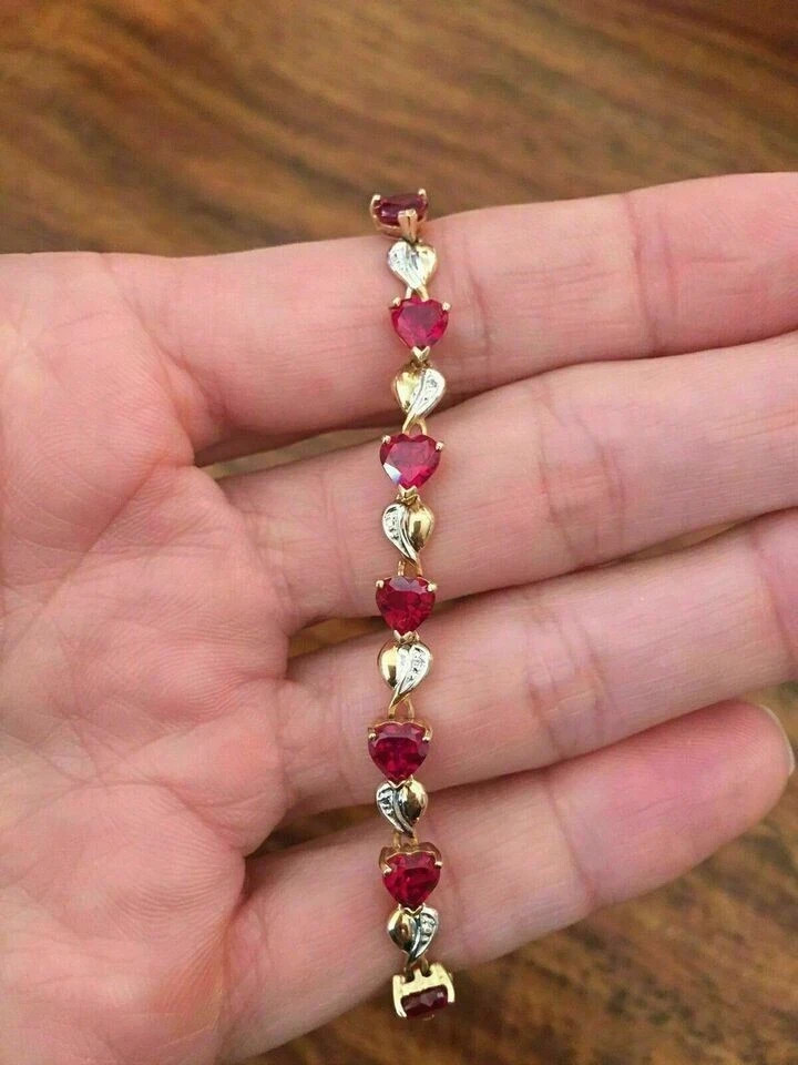 8 Ct Heart Simulated Ruby &Diamond Lovely Tennis Bracelet 14k Yellow Gold Plated