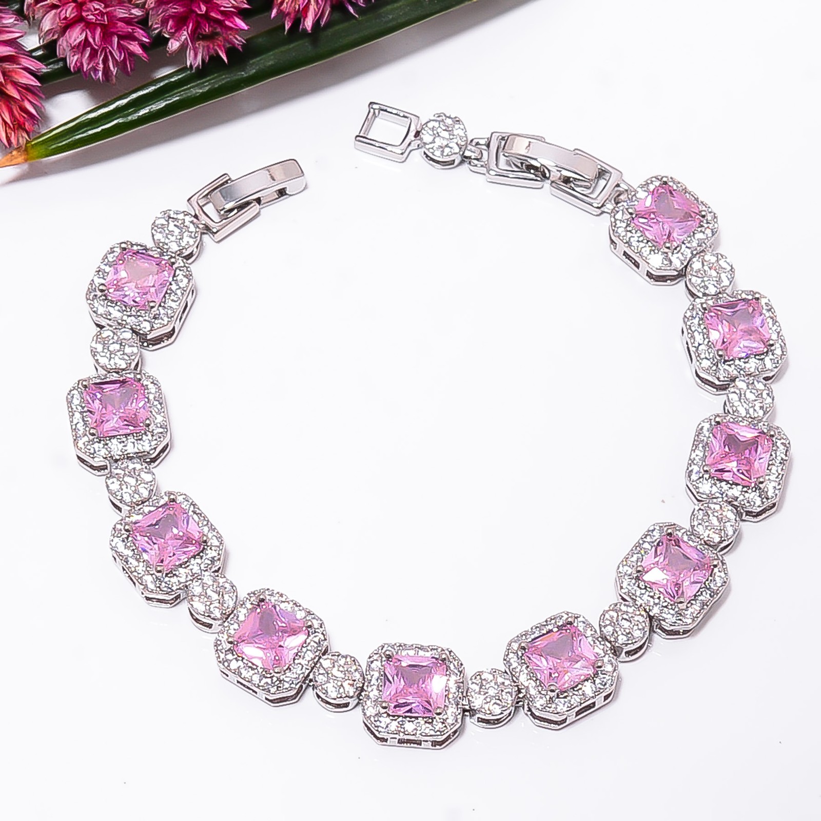 Pink Sapphire -Simulated, CZ 925 Sterling Silver Adjustable Bracelet 7-8″ B1912