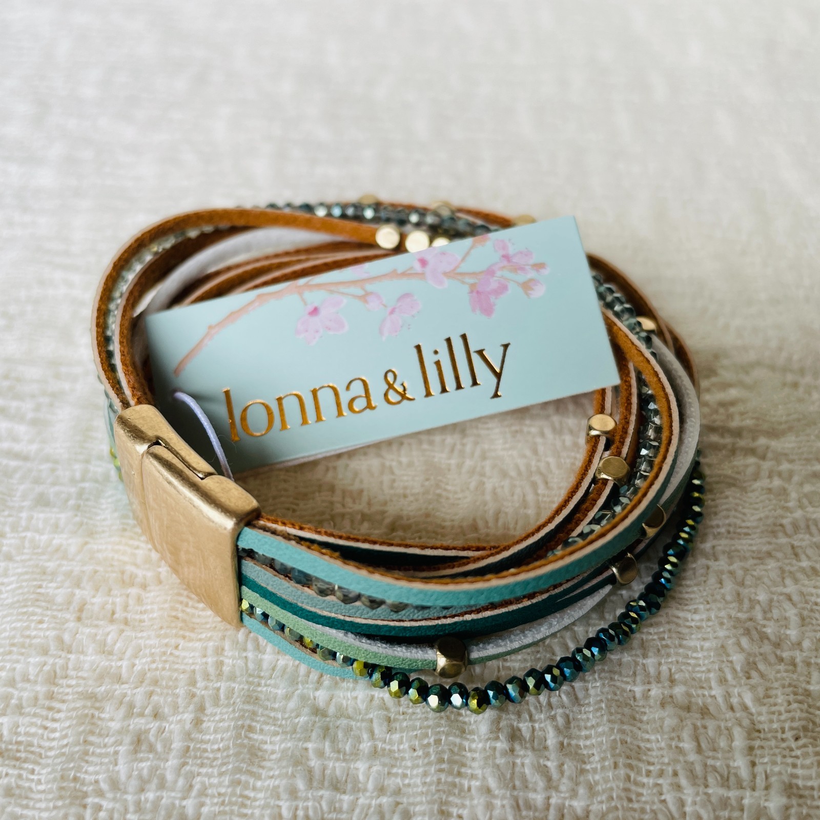 Lonna & Lilly Gold-Tone Beaded & Faux-Leather Multi-Row Magnetic Bracelet, 7.25″