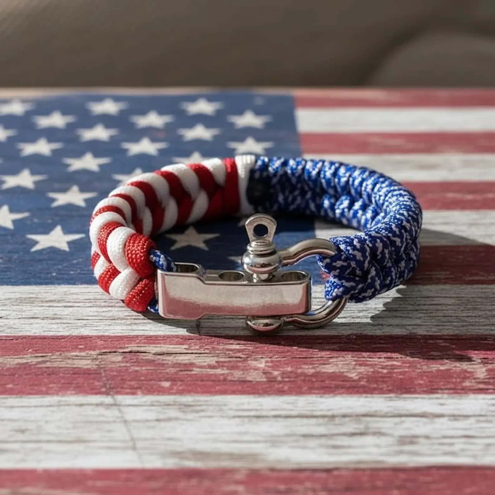 American Flag Bracelet Patriotic USA Woven Paracord Stainless Steel Clasp Men Wo