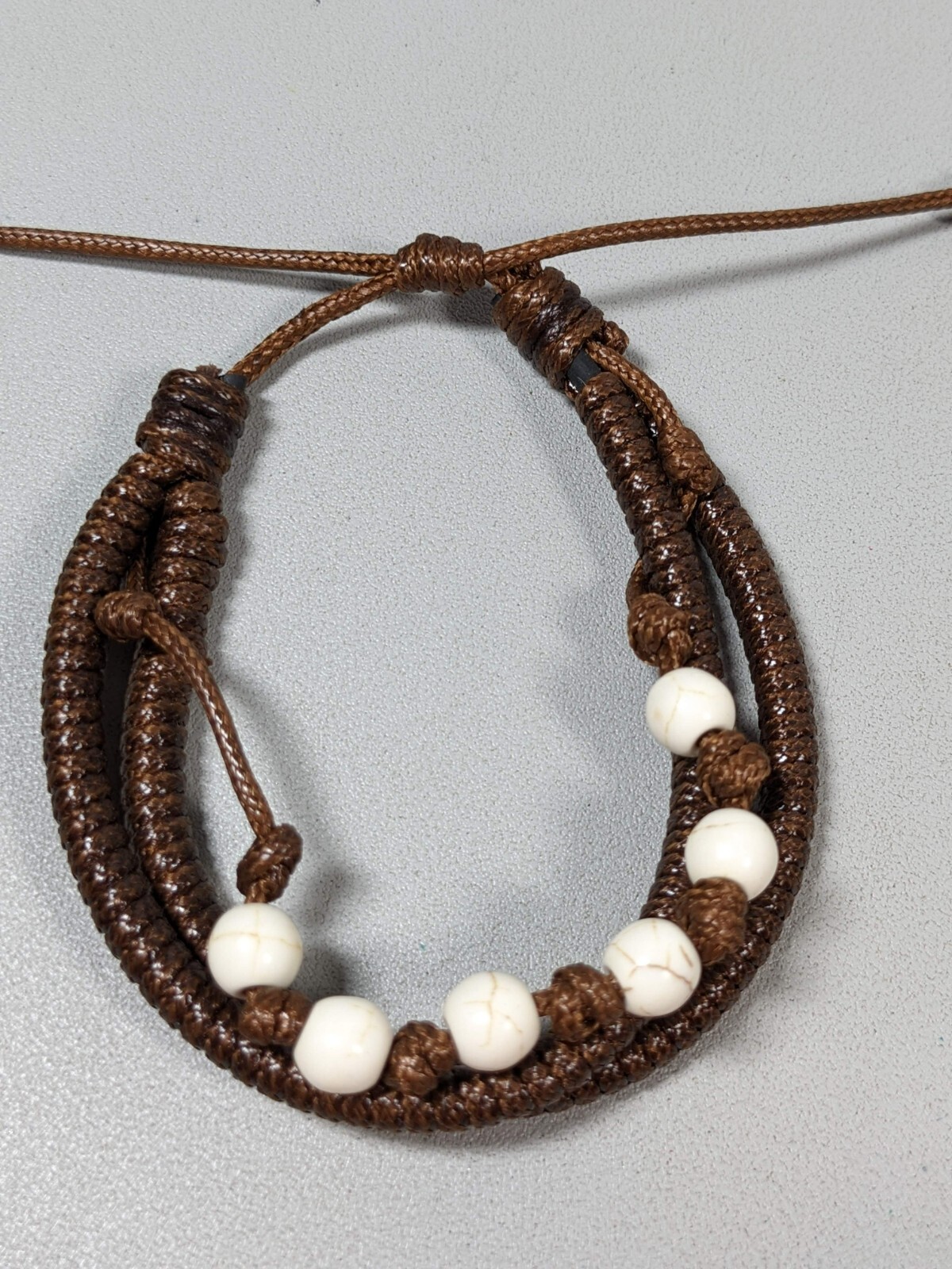 Brown Twist Cord Triple Strand White Stone Bead Adjustable Bracelet