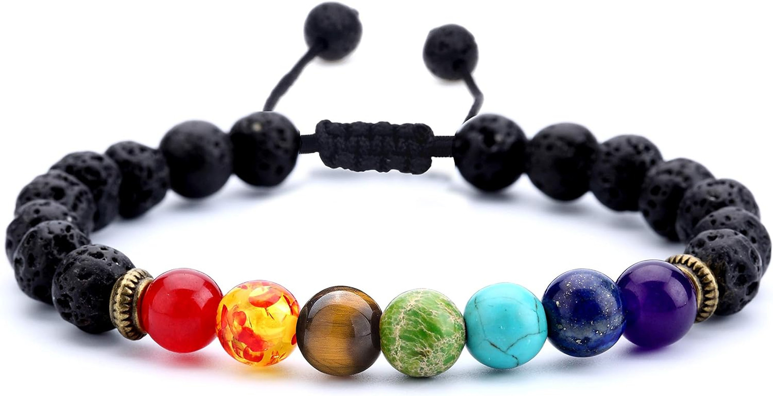Men Women 8Mm Lava Rock Beads Chakra Bracelet Braided Rope Natural Stone Bangle