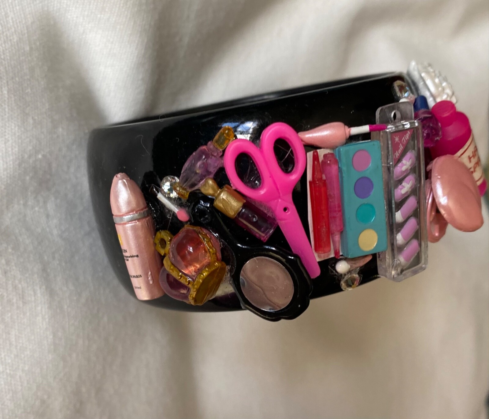 Bracelet charms cosmetics lip eyes hair nails I’m So Girly ooak bangle perfume