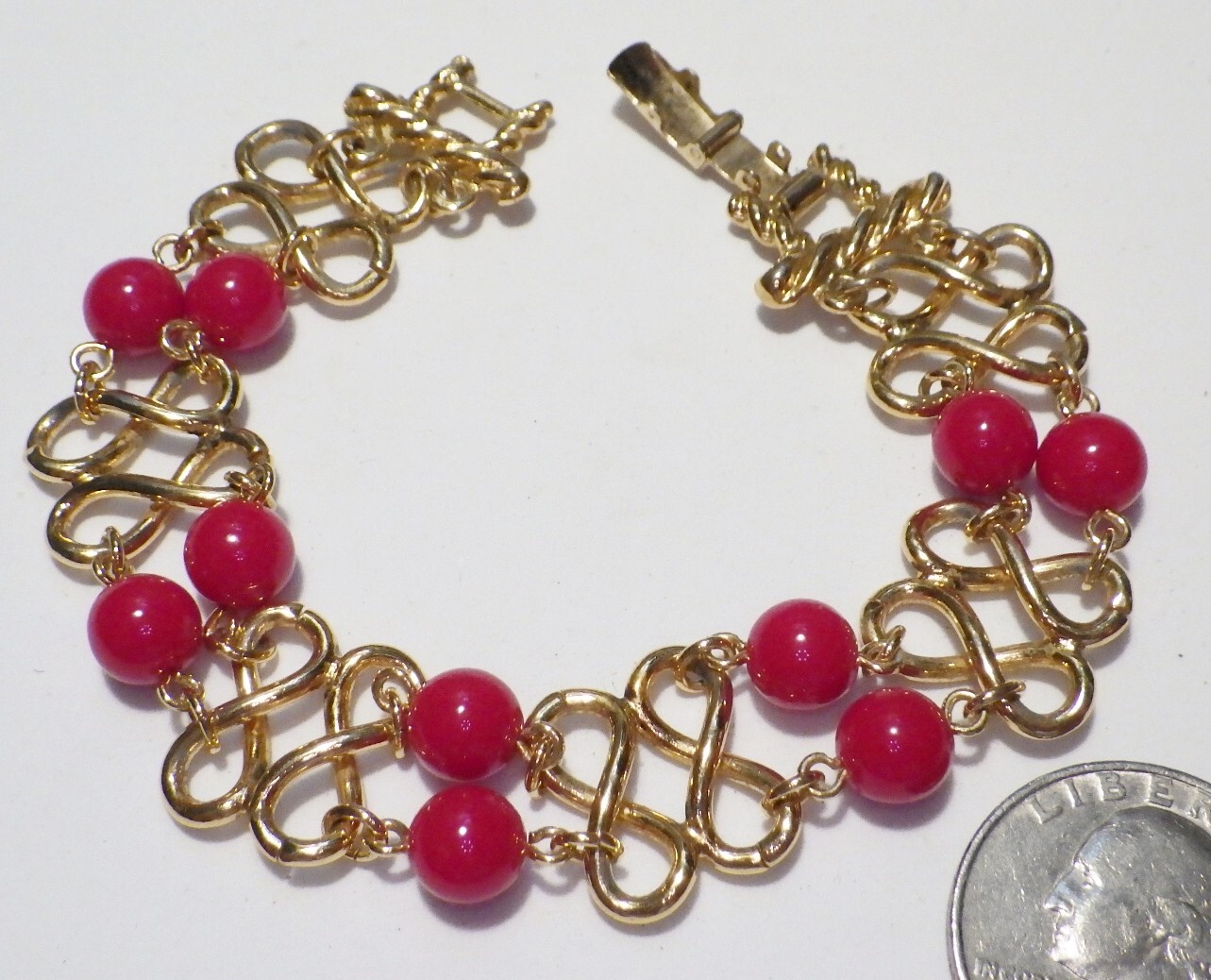 Striking Wide Gold Plated Double Figure 8 Chain w/Bright Red Beads Bracelet 8″