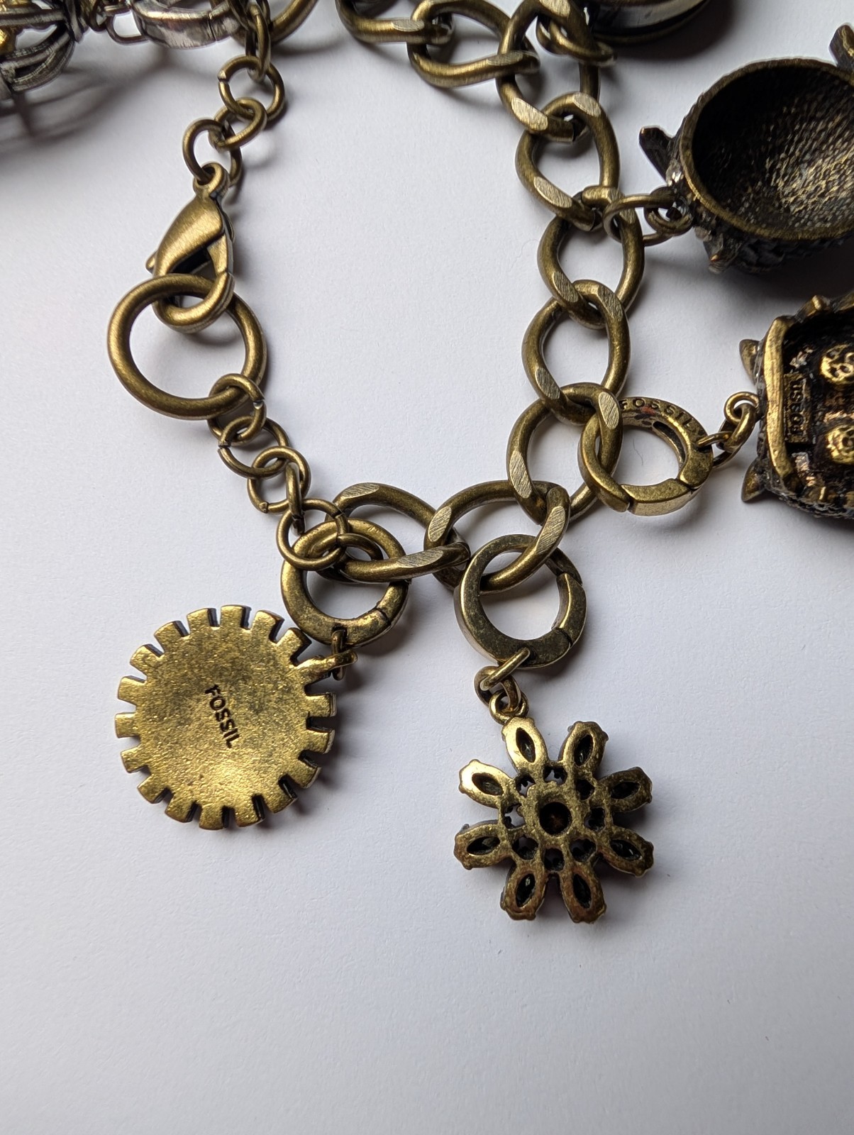 Fossil Brand Brass Chunky Bracelet w/ Charms Owl Flower Peace Birdcage Watch Y2K