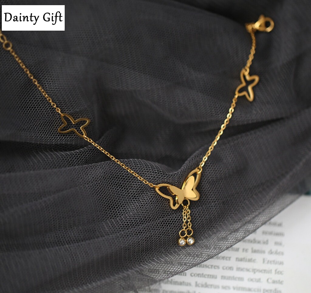 Women Girl Titanium Stainless Steel CZ Animal Butterfly Anklet Bracelet 8-10″