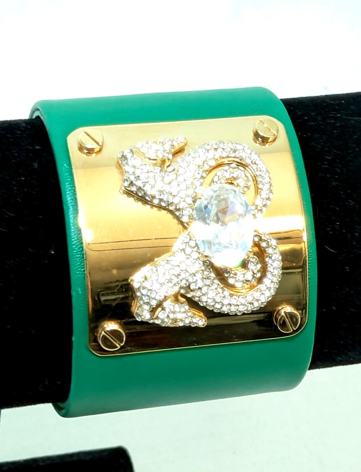 Gorgeous Faux Green Leather Rhinestone Seahorse Cuff Bracelet