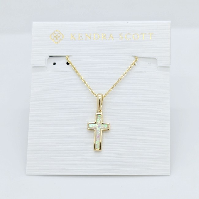 New Kendra Scott Cross Gold Pendant Necklace in White Opal
